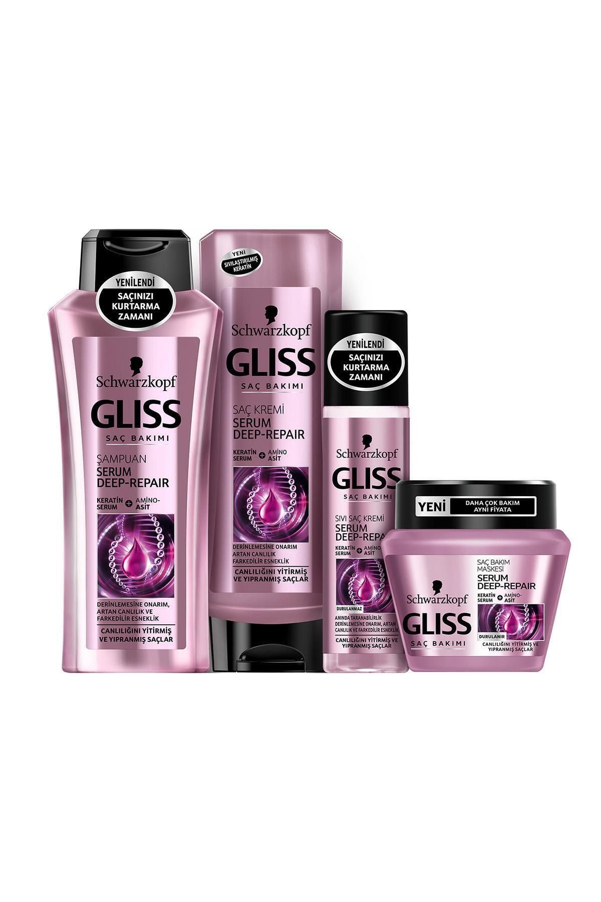 Gliss serum deep repair 360ml şampuan + 360ml saç kremi + 100ml serum + 200ml sıvı saç kremi