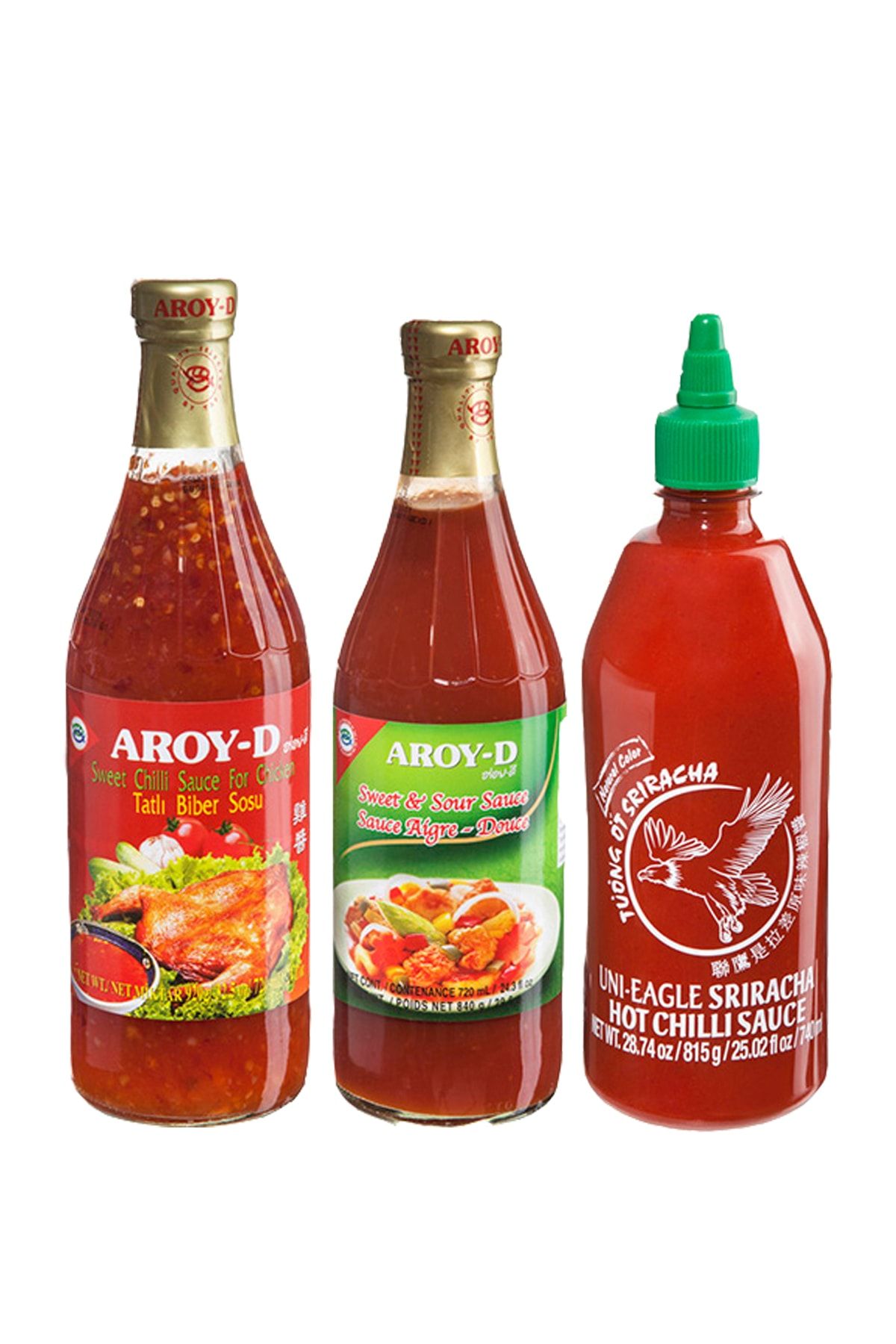 Aroy D Sos Paketi (Tatlı Biber Sosu, Tatlı Ekşi Sos, Sriracha Acı Biber Sosu)