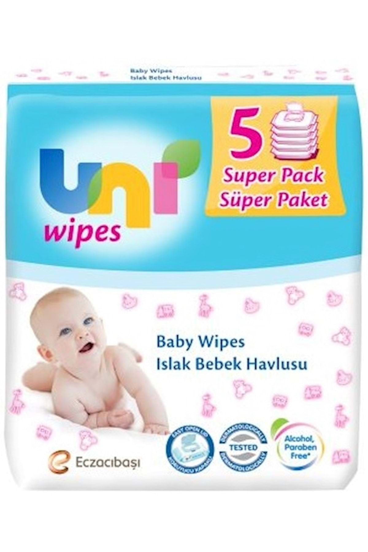 Uni Baby Mavi Plastik Kapaklı Wipes Havlu Mendil 5'li Paket 56 Yaprak
