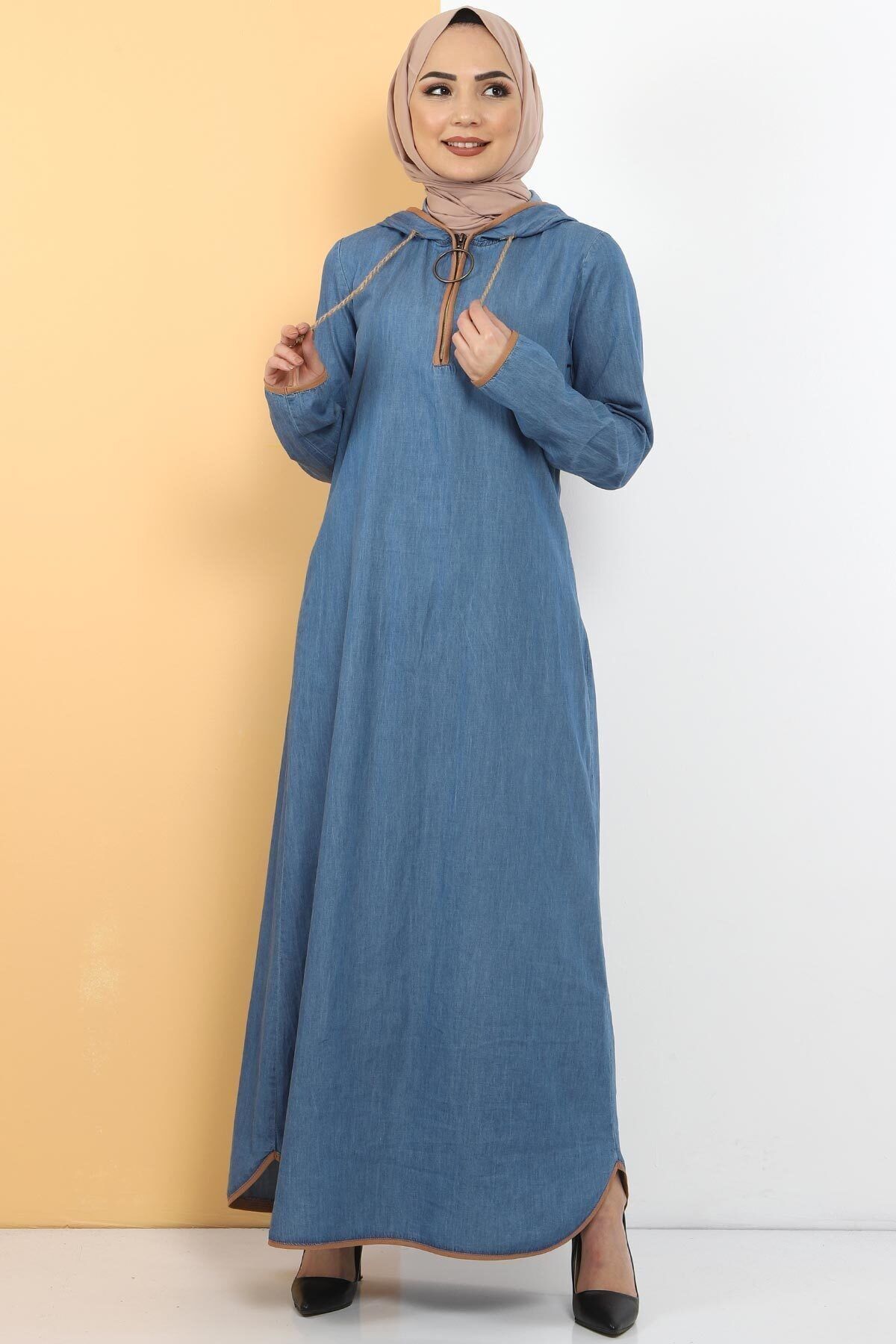Tesettür Dünyası Kapşon Detaylı Kot Elbise Tsd10528 Açık Mavi