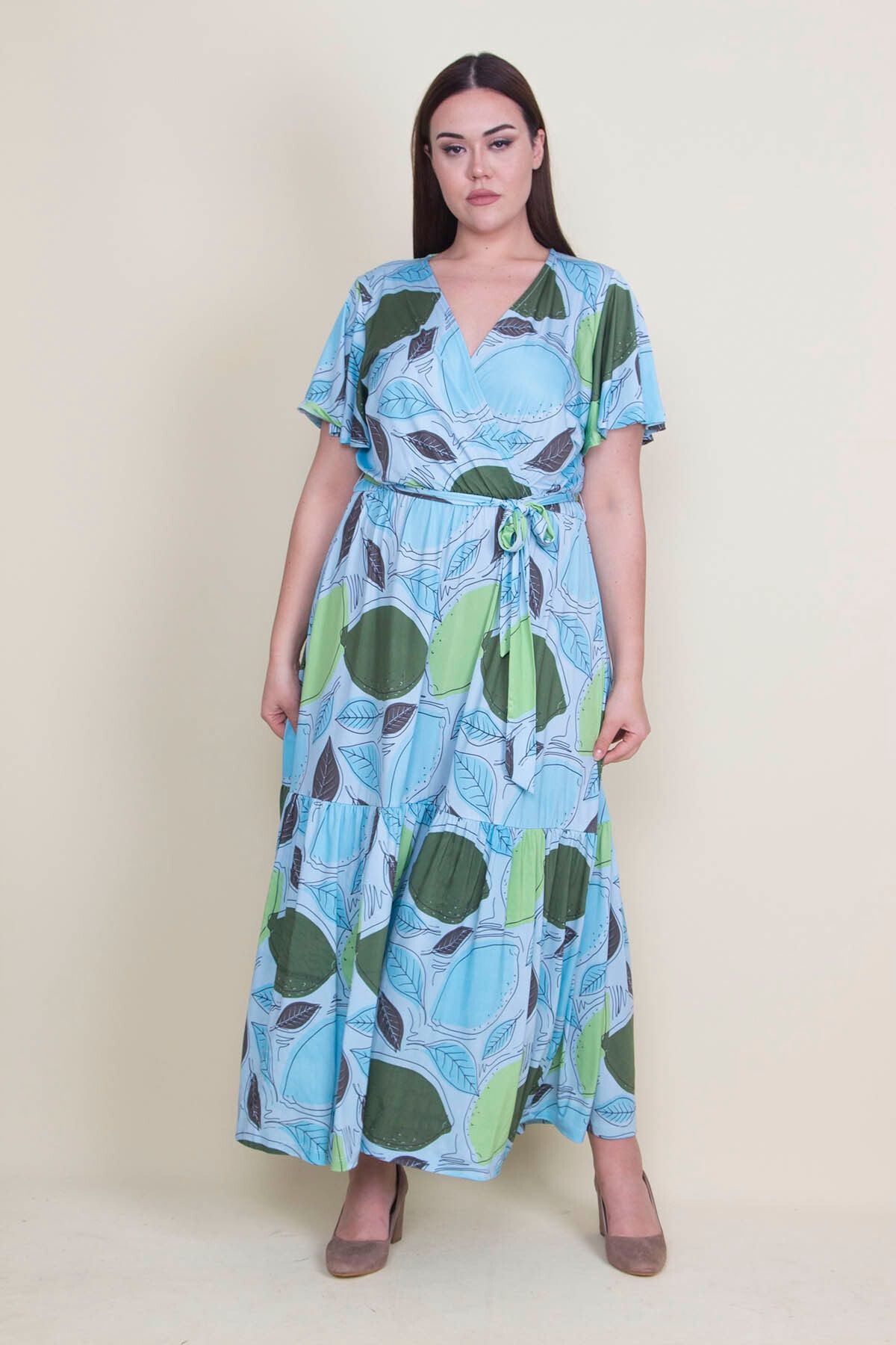 Şans Kadın Büyük Beden Yeşil Anvelop Yaka Beli Lastik Detaylı Etek Kısmı Katli Elbise 65n22144