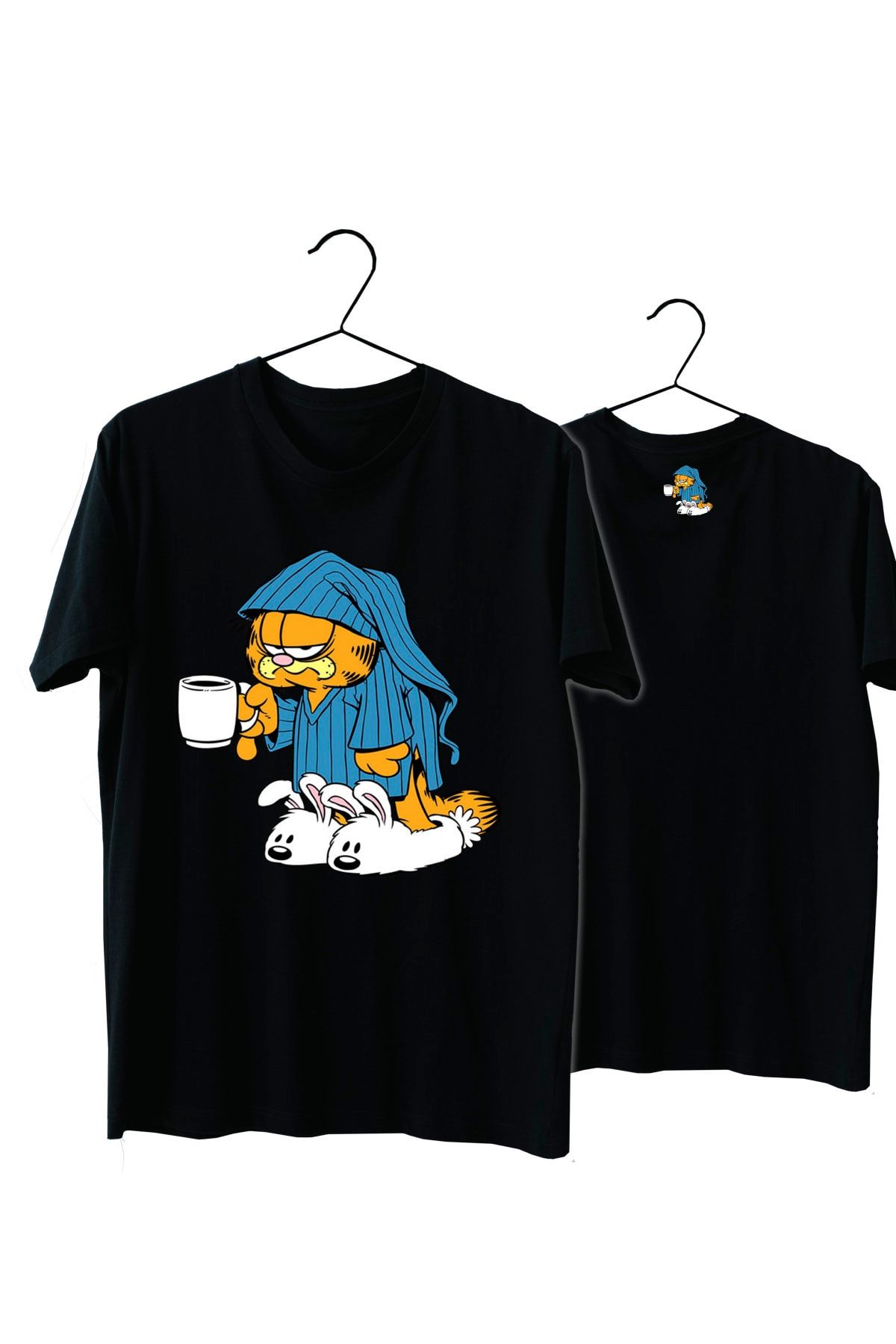 VectorWear Unisex Siyah Uykulu Garfield Baskılı Kısa Kol  T-Shirt