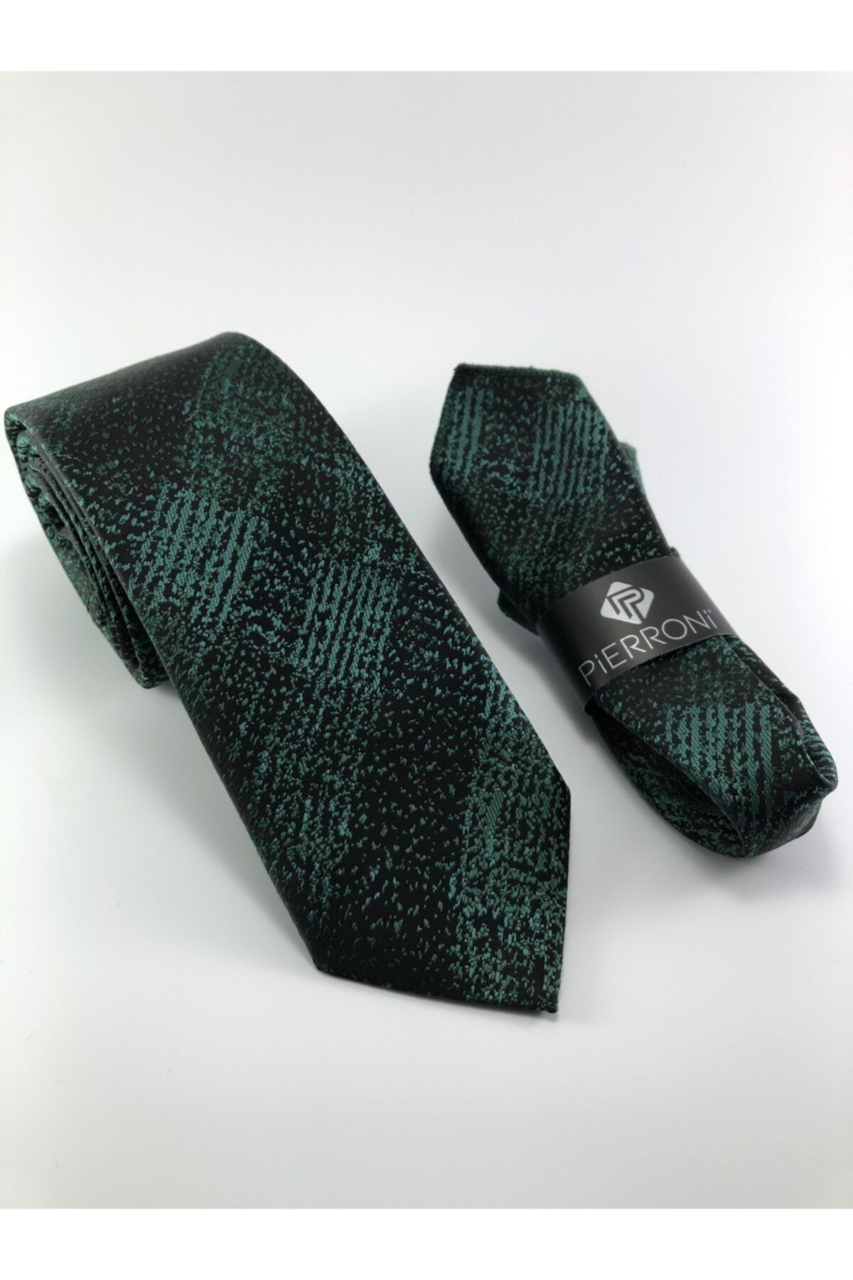 PİERRONİ Erkek Siyah Yeşil Gölge Desen Mendilli Kravat