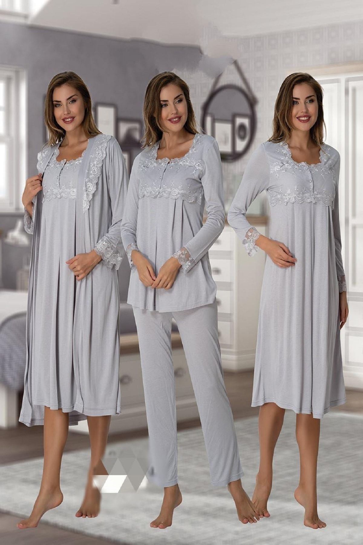 Genel Markalar Effort Kadın Gri Uzun Kollu Pijama Takımı Gecelik Sabahlık Lohusa Hamile 4'lü Set 2405