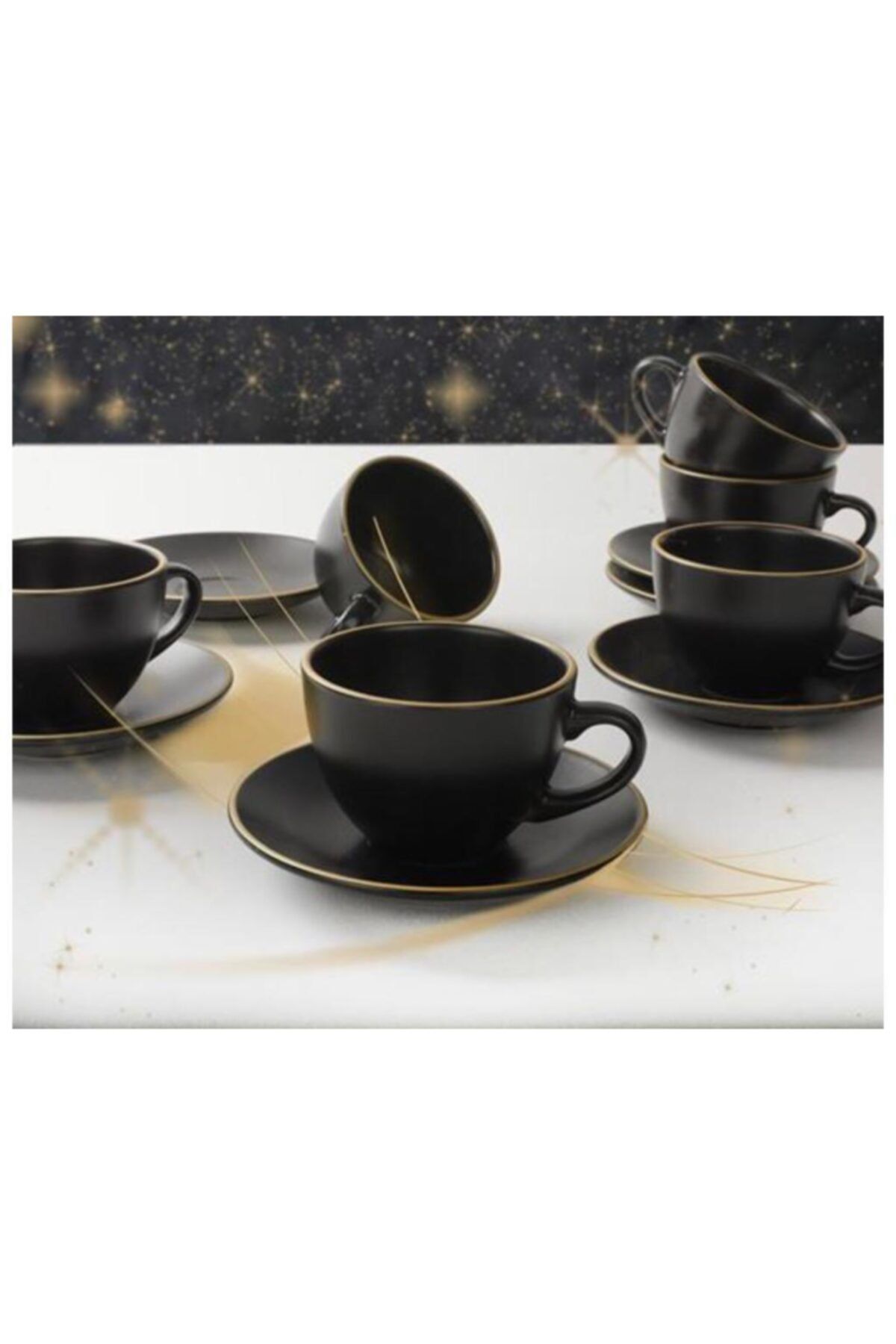 Keramika 12 Parça 6 Kişilik Metalik Altın Siyah Çay Takımı