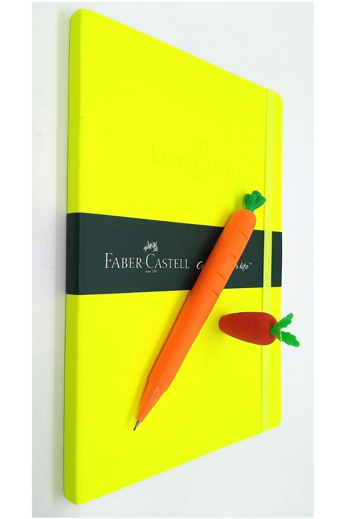 Faber Castell A5 Fosforlu Sarı Suni Deri Ajanda Ve Silikon Havuç Kalem 0,7 Ve Havuç Silgi Seti