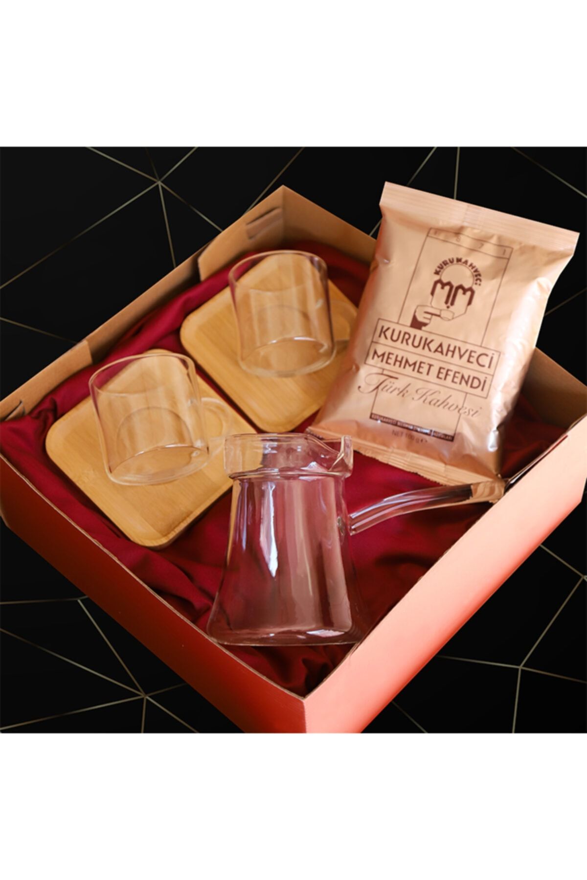Armoni Gift Box Borasilikat Cam Cezve Borasilikat Cam Fincan Bambu Tabak Türk Kahvesi Hediye Kutusu
