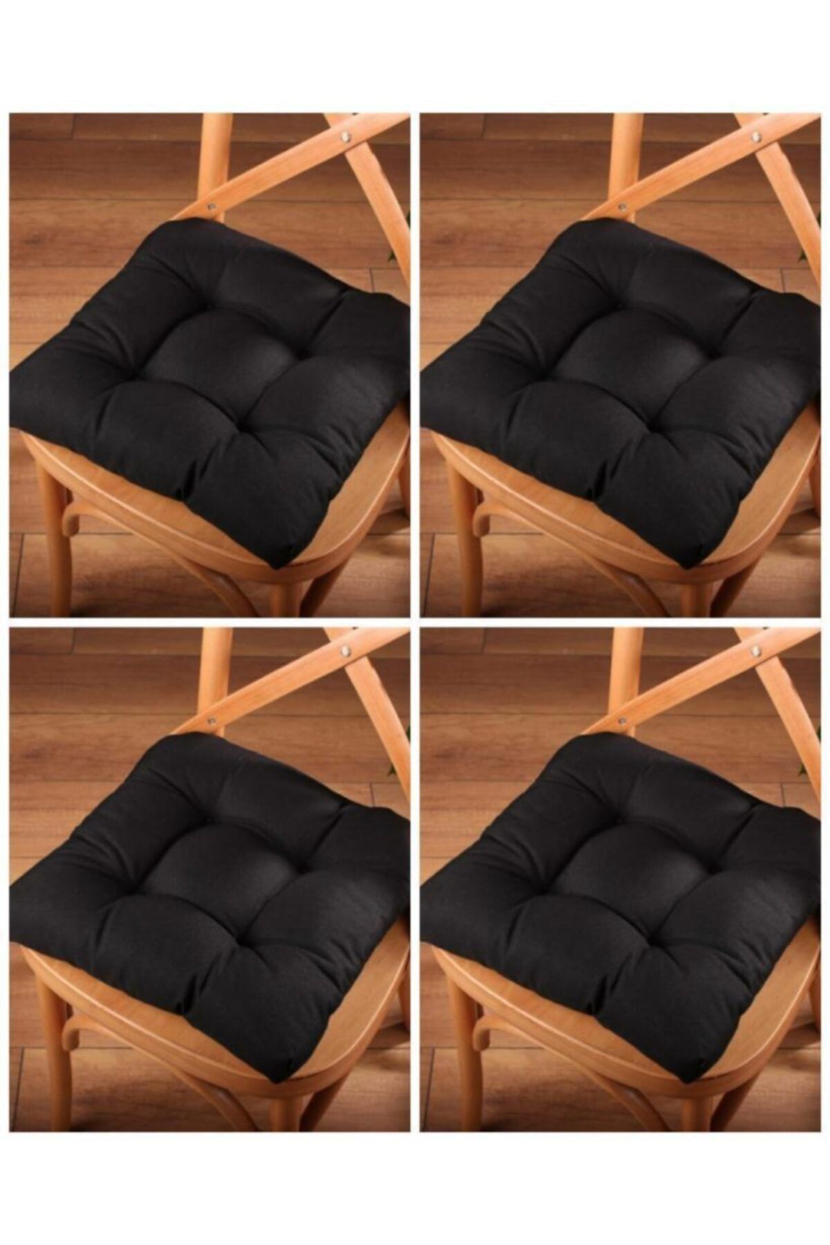 ALTINPAMUK 4'lü Gold Lüx Pofidik Siyah Sandalye Minderi Özel Dikişli Bağcıklı 40x40cm