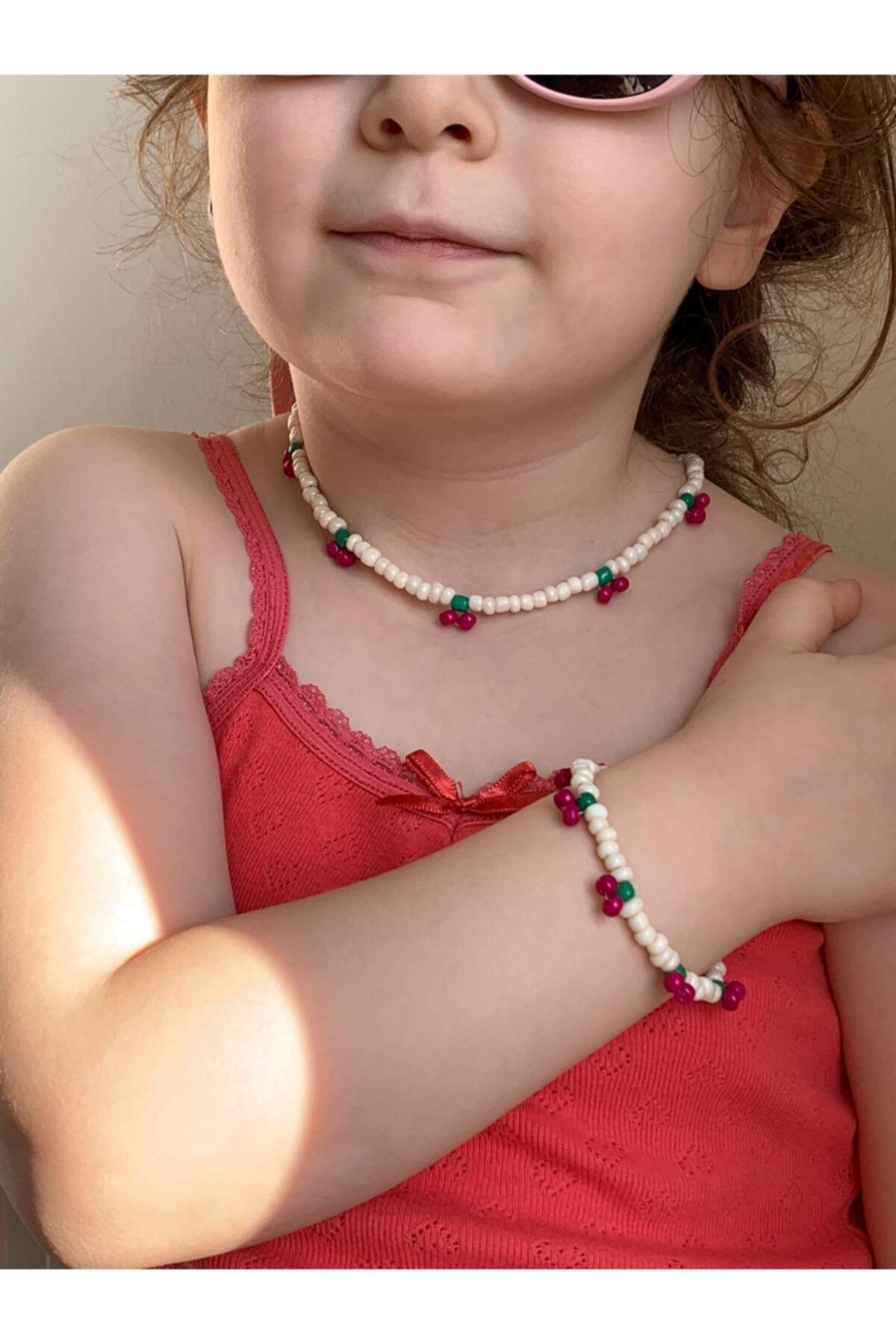 İsabella Accessories Kız Çocuk Kolyesi Bileklik Set Kiraz Desenli Renkli 30 Cm