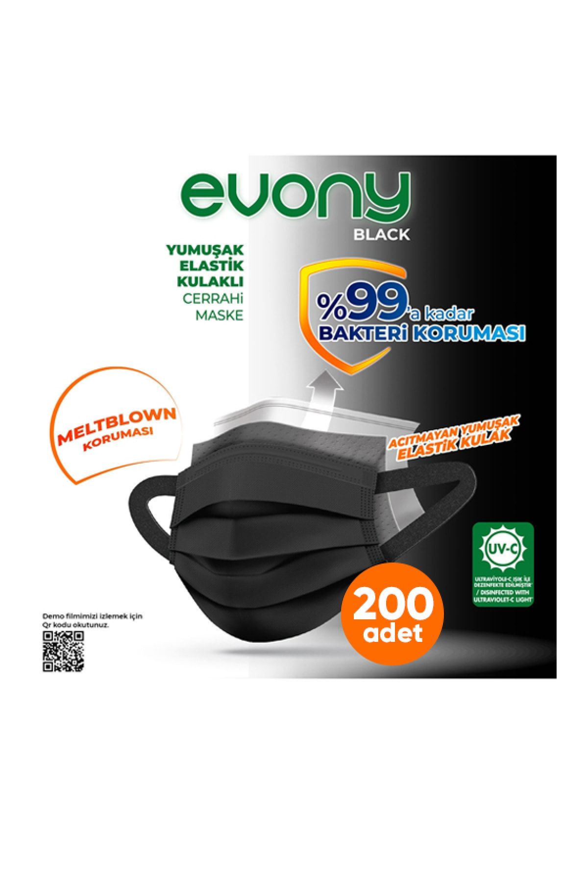 Evony Siyah Black Elastik Kulaklı Maske 10'lu Paket X 20 --200 Adet
