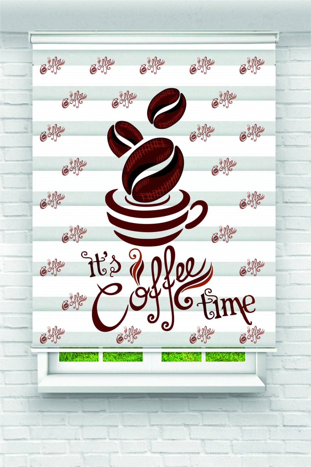 Grande Coffee Time Kahverengi Fincan Mutfak Baskı Zebra Perde Mutfak Perdesi La-1038