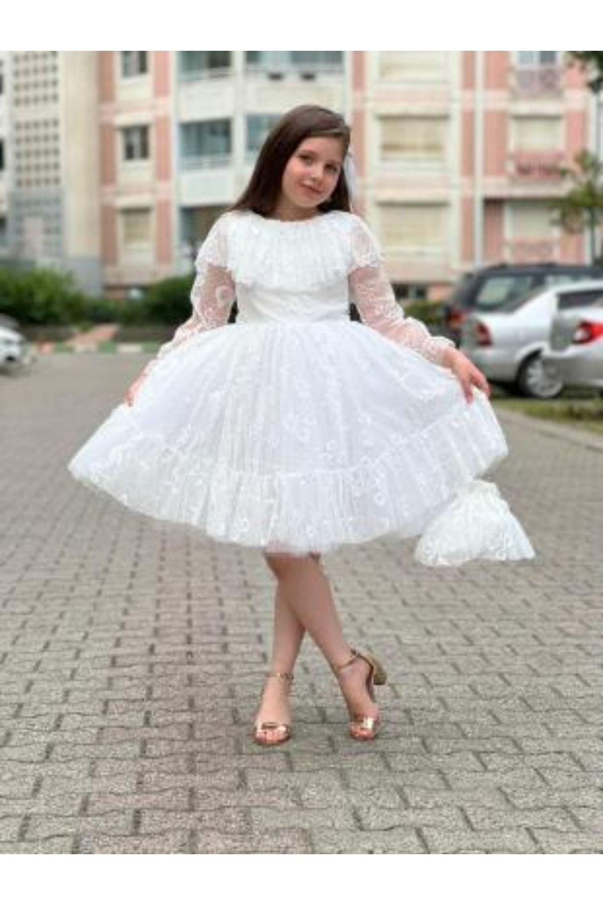 Pumpido Kız Çocuk Uzunkol Tüldantel Model Çantalı Elbise