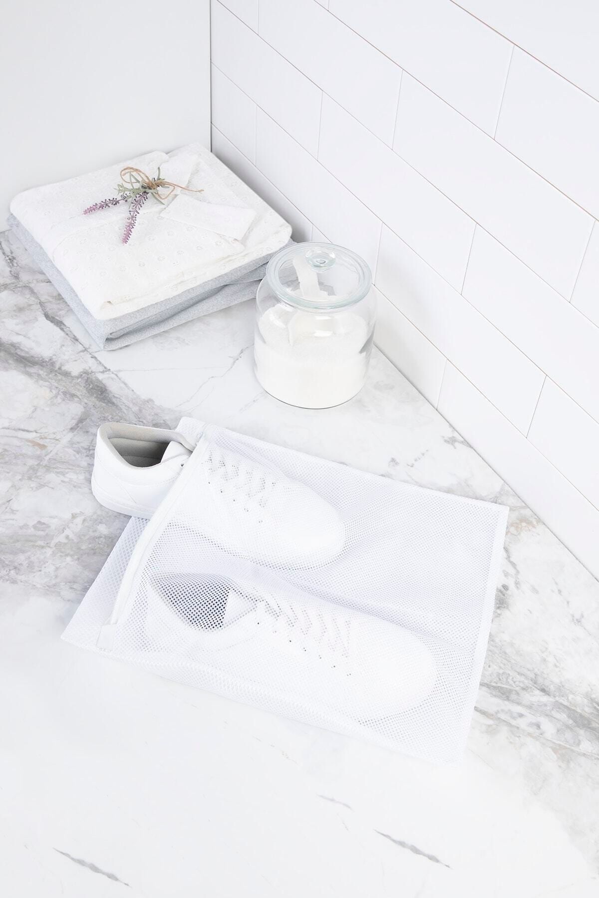 Ocean Home Textile Beyaz Fermuarlı Ayakkabı Çamaşır Yıkama Filesi Torbası 35x40