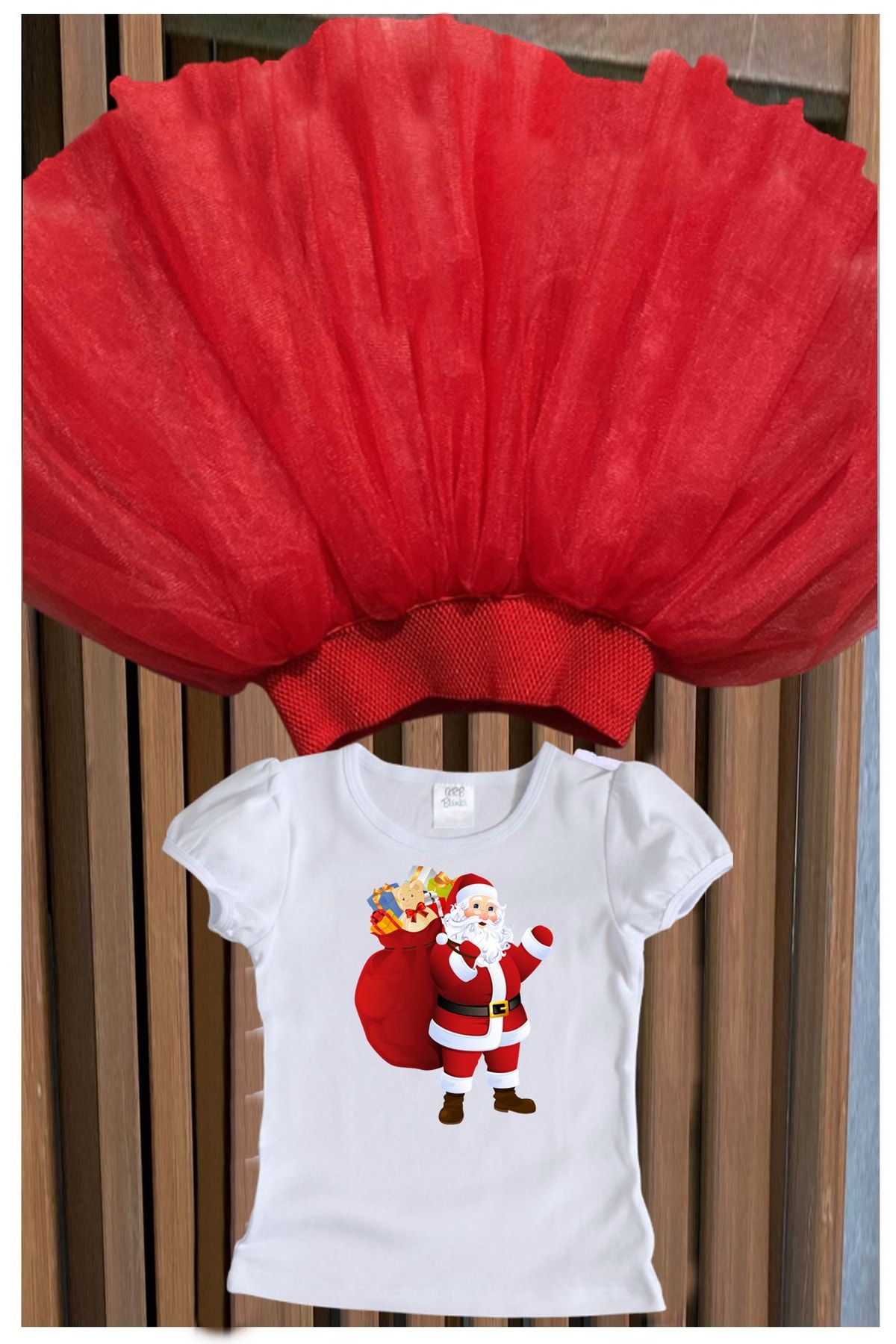 bba new trend Noel Tişort Yılbaşı Kostüm Christmas Noel Temalı Tütü Etek Kırmızı Etek Kısa Kollu