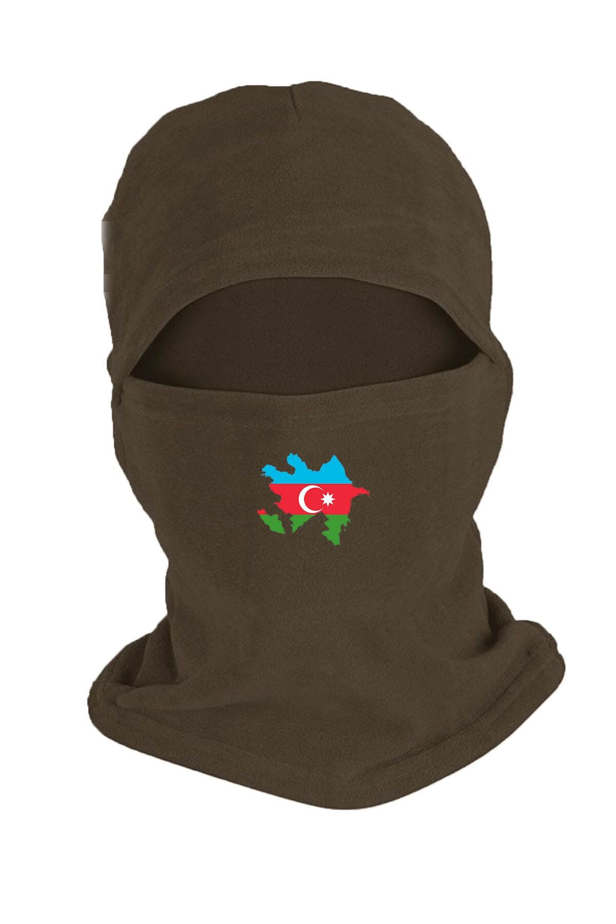 Zeron Tasarım Azerbaycan Bayrağı Baskılı Kışlık Polar Kar Maskesi Haki Bll2732