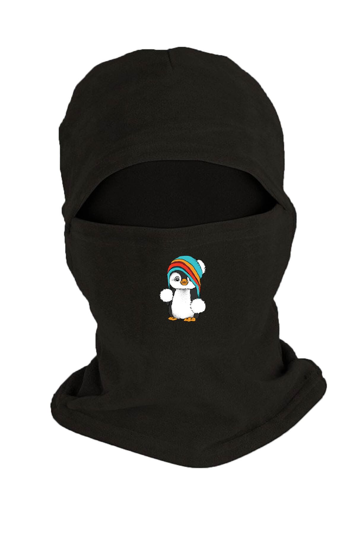 Zeron Tasarım Bereli Penguen Baskılı Kışlık Polar Kar Maskesi Siyah Bll777