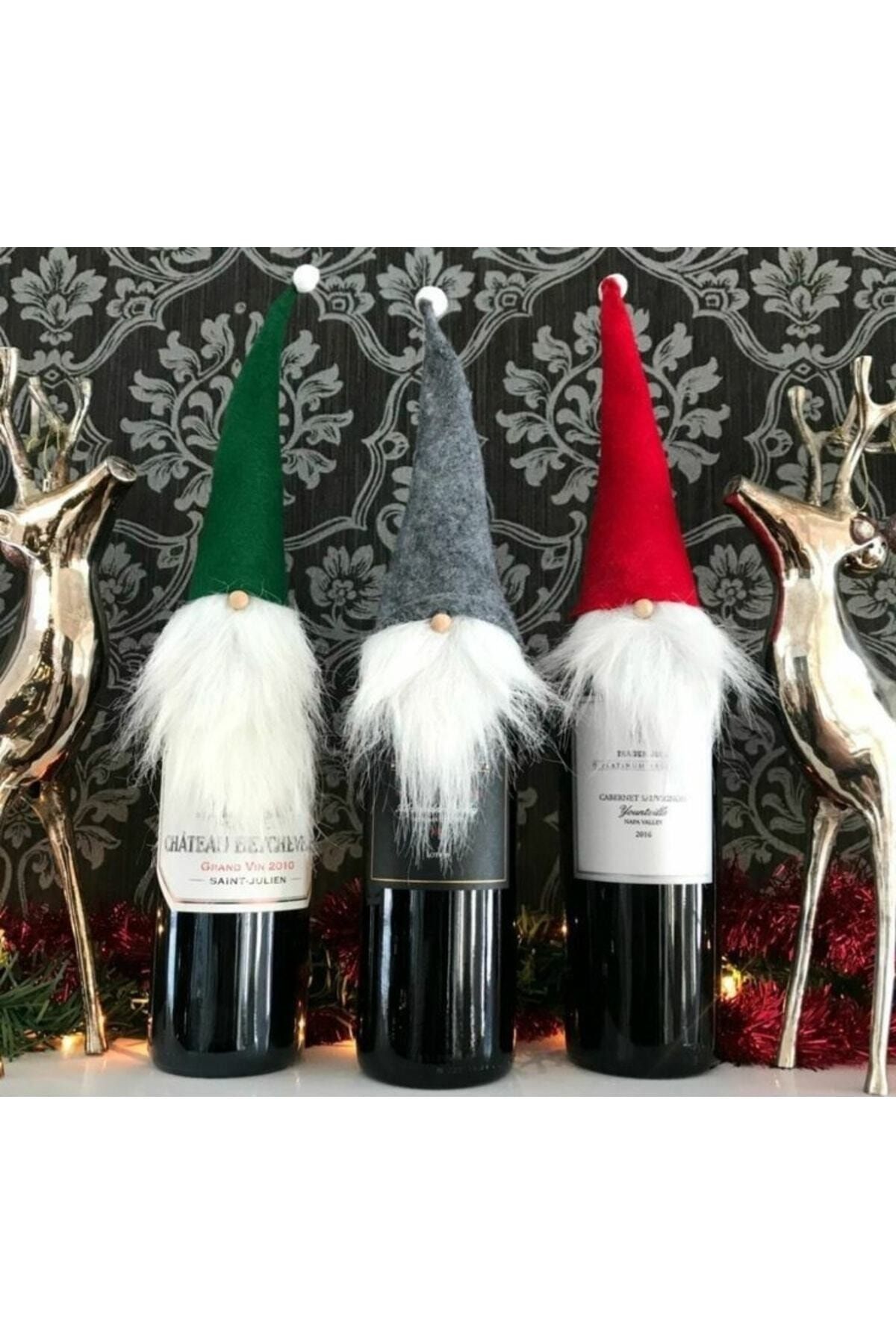 BurDen Dekoratif Ürünler & Tasarım 3'lü Noel Baba Şişe Üstü Süs, Şarap Şişesi, El Yapımı,yılbaşı Süsü, Figür,gnome