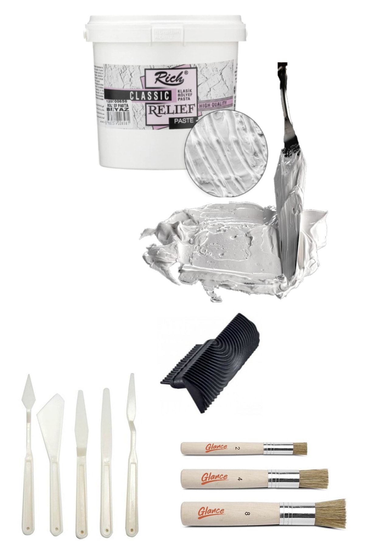GLANCE Rich Rölyef Pasta Klasik 1200 Gr Beyaz Stencil Fırça Seti Plastik Spatül Seti Doku Tarağı