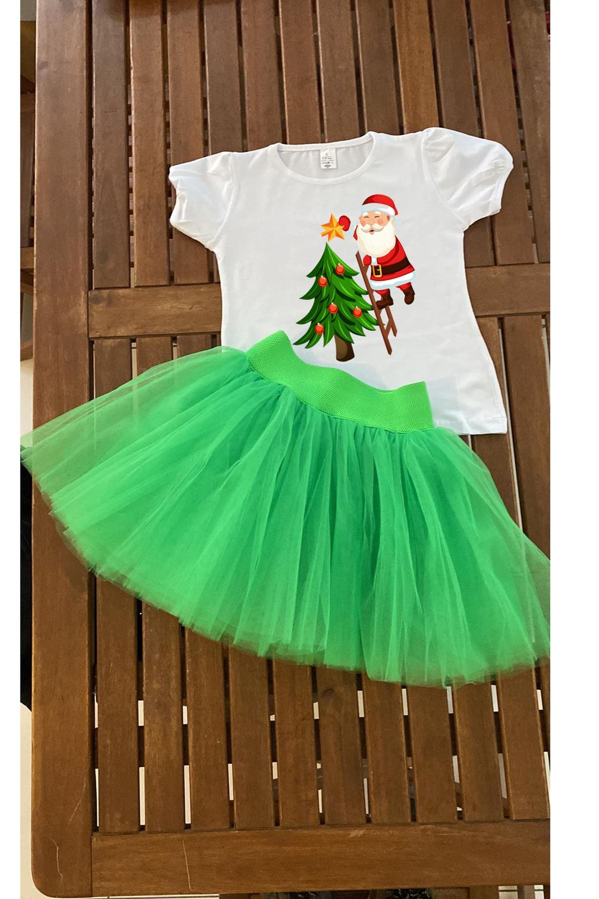 bba new trend Yeşil Tütü Etek Yılbaşı Kostüm Noel Etek Yılbaşı Tişort Kız Çoçuk Yeniyıl Kostüm Kısa Kollu