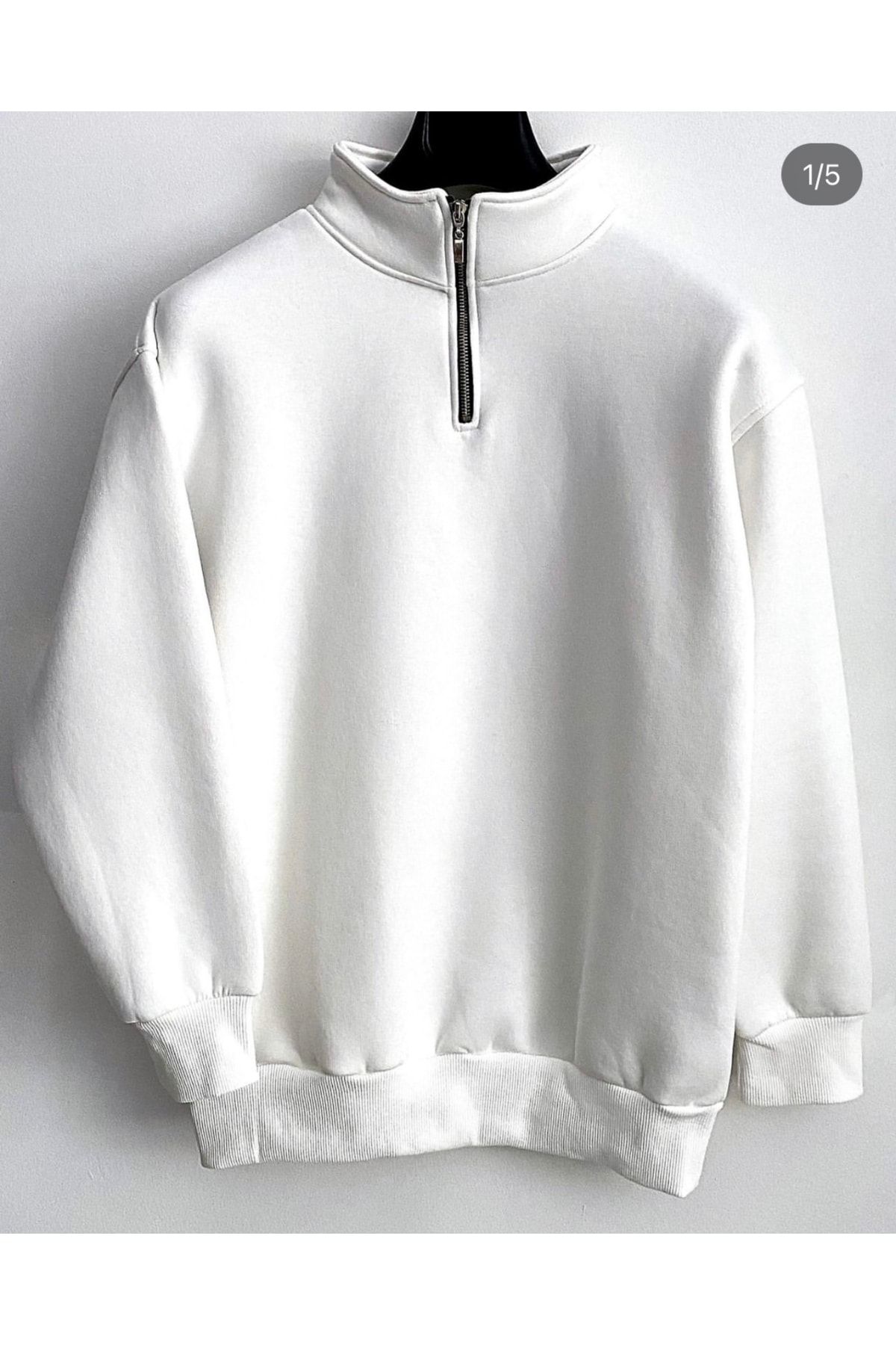 PLA STORE Beyaz Yarım Fermuarlı Sweatshirt