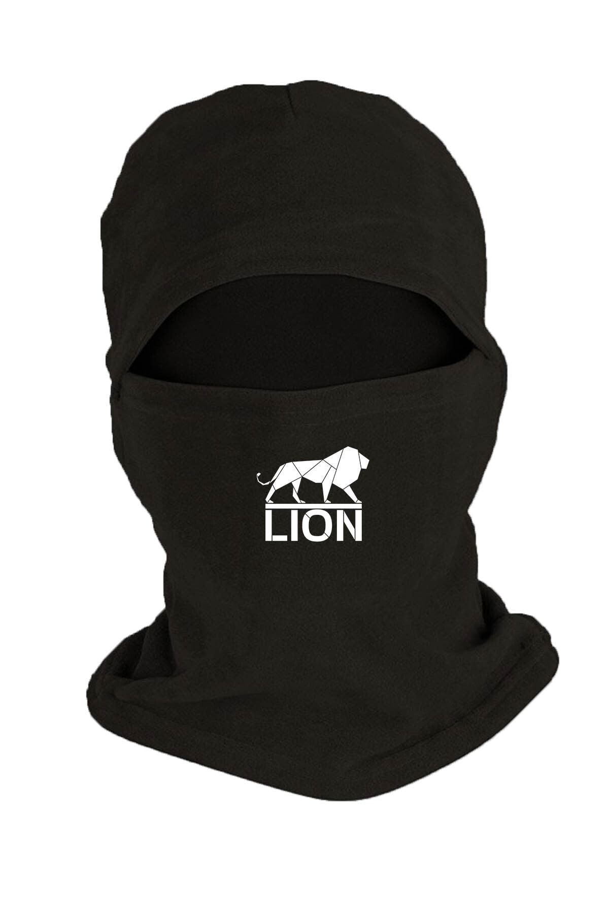 Zeron Tasarım Lion Baskılı Kışlık Polar Kar Maskesi Siyah Bll833