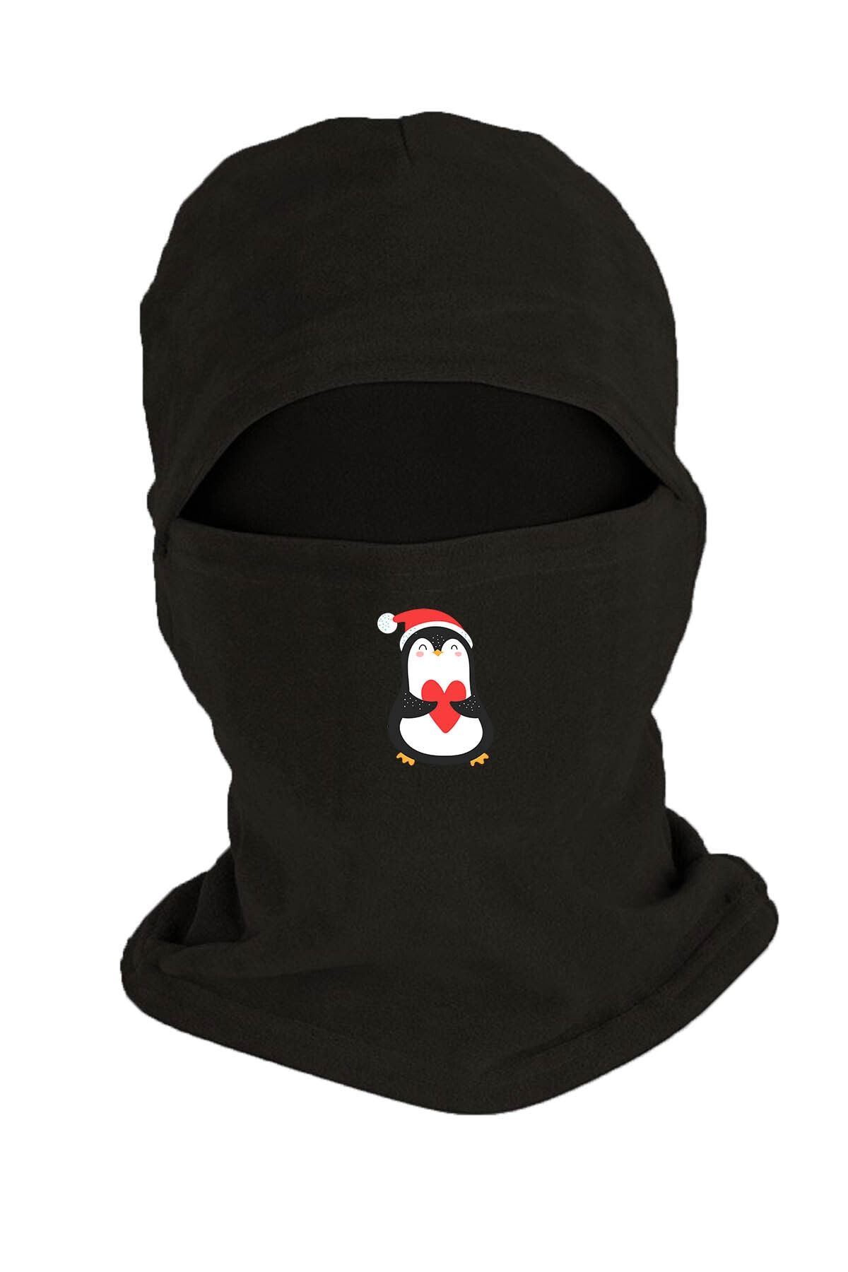 Zeron Tasarım Kalpli Penguen Baskılı Kışlık Polar Kar Maskesi Siyah Bll776