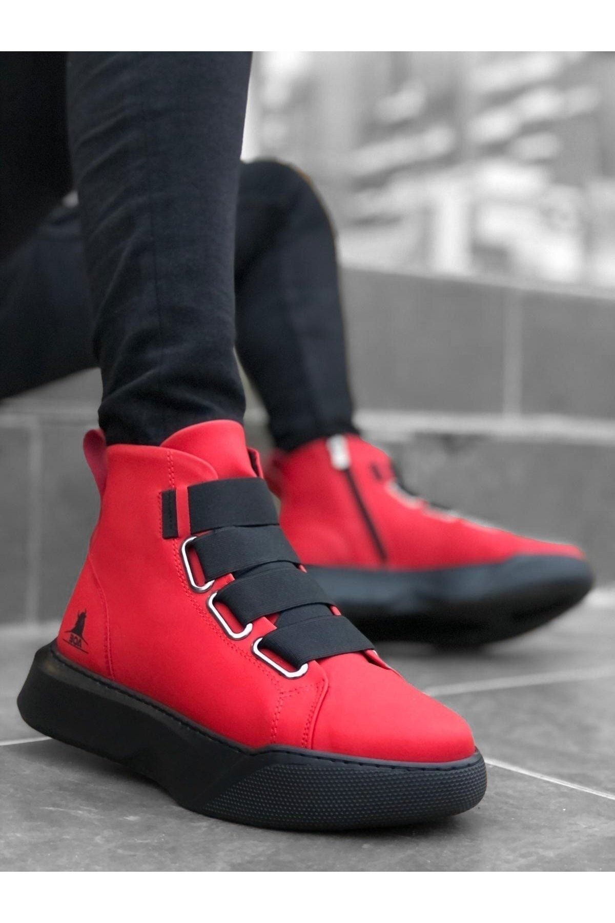 BOUIS Erkek Kırmızı Spor Dayanıklı Suni Deri Bot Koku Yapmaz Terletmez Kalın Taban Postal Ayakkabı
