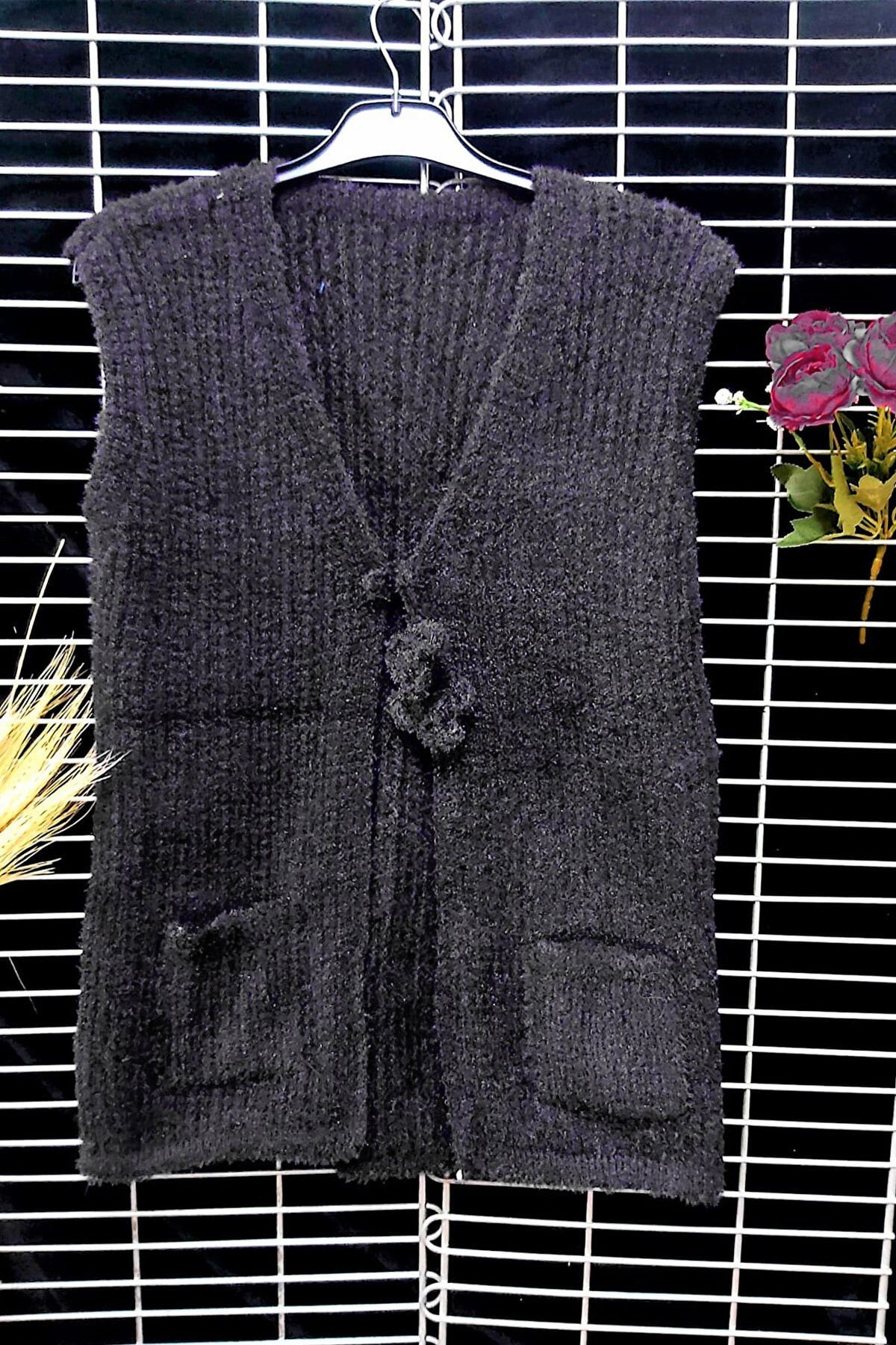 Çt Çeyizci Tekstil Yumoş Örgü Cepli Kadın Yeleği, Triko Yumuşak Yelek - Siyah
