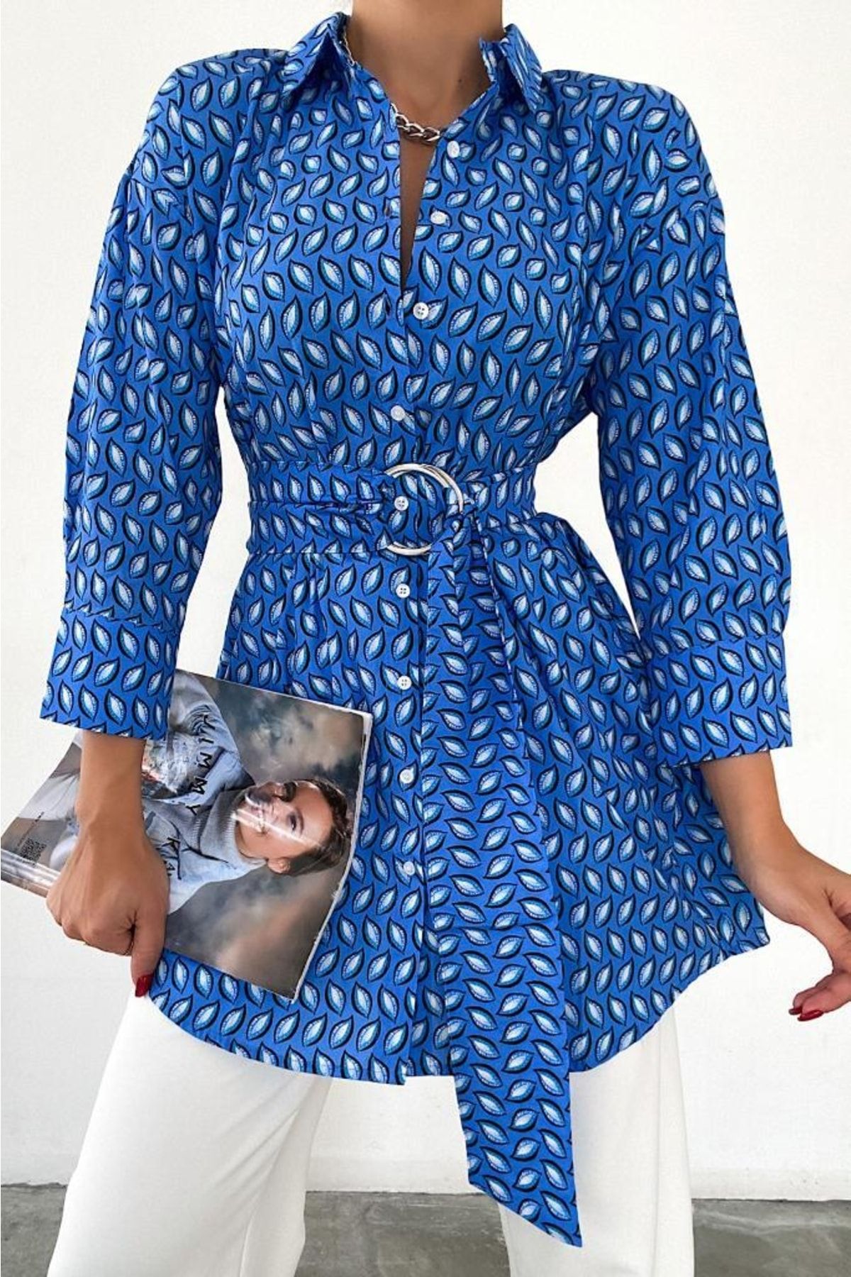 FEMELLE Kadın Mavi Kendinden Desenli Kemerli Geniş Oversize Pamuk Gömlek