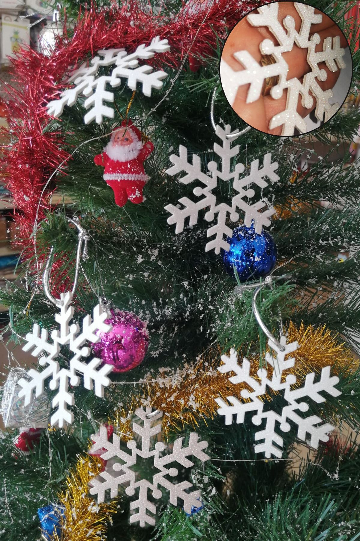 Parti Dolabı 6'lı Gümüş Kar Tanesi Simli Eva Yılbaşı Çam Ağacı Dekorasyon Süs Yeni Yıl Hediye Süsü 7cmx7cm