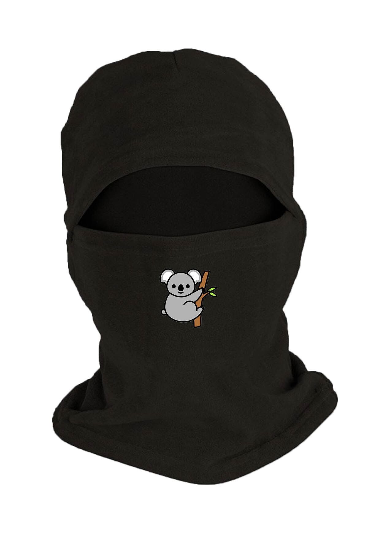 Zeron Tasarım Koala Baskılı Kışlık Polar Kar Maskesi Siyah Bll2324