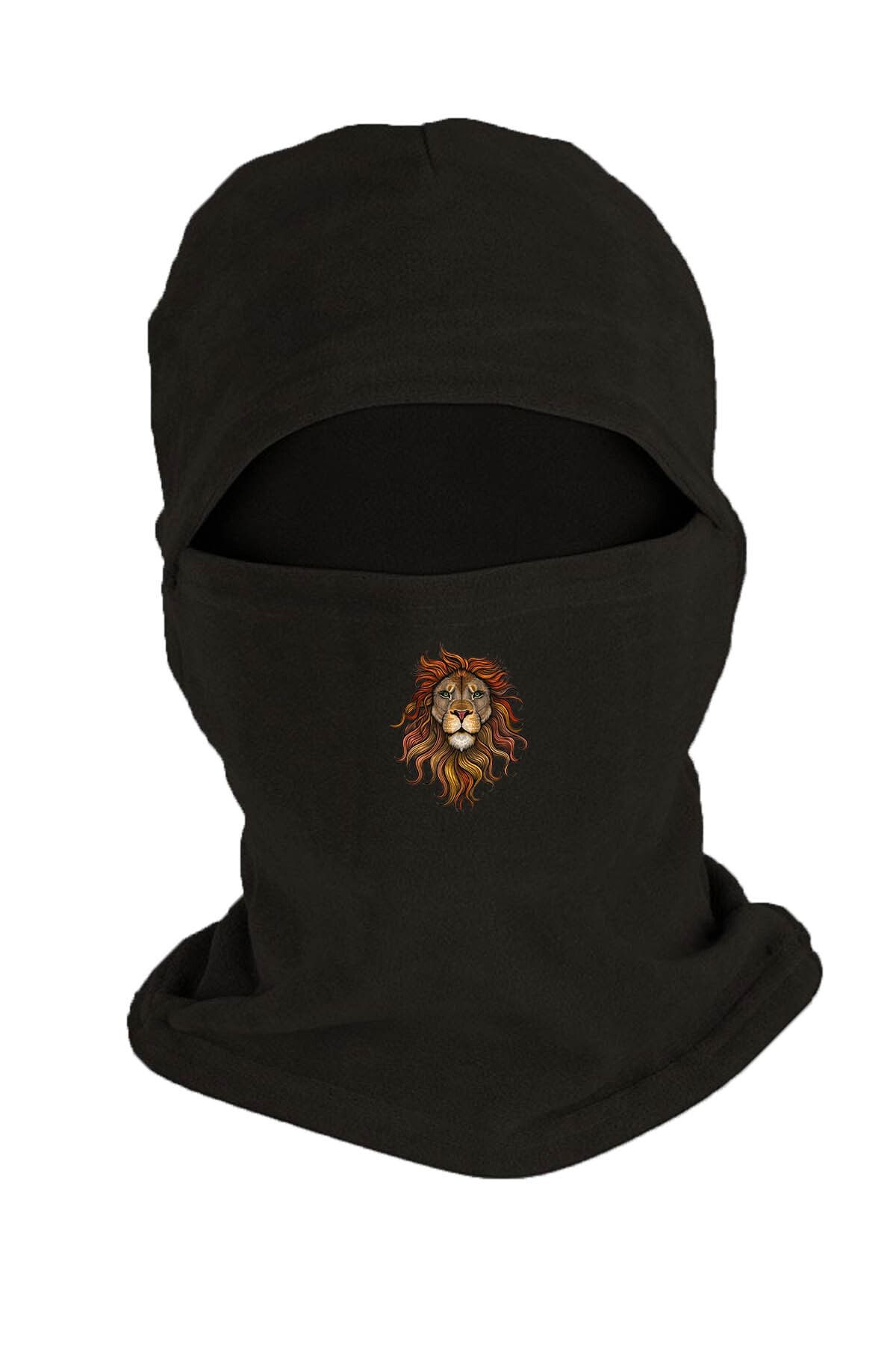 Zeron Tasarım Lion Baskılı Kışlık Polar Kar Maskesi Siyah Bll2850