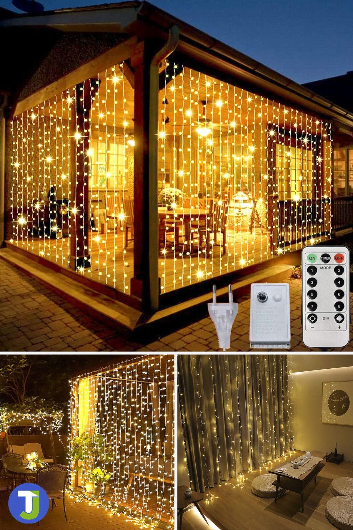 Technojet 2,5 X 2,5 M Kumandalı Perde Led 8 Modlu Kalın Kablolu 12 Saçak 180 Led Fişli Eklenebilir