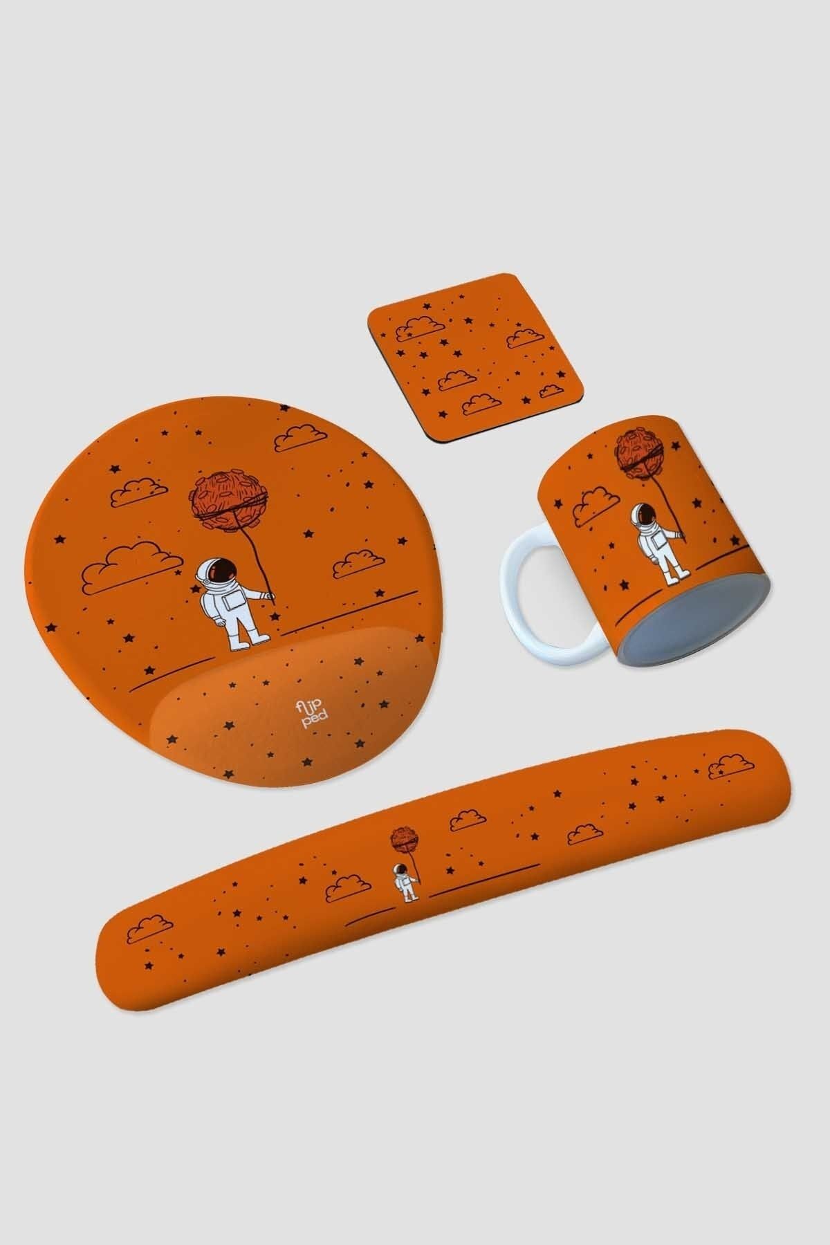 Flipped Space Astronot Mousepad, Kupa, Altlık Ve Klavye Pedi Seti