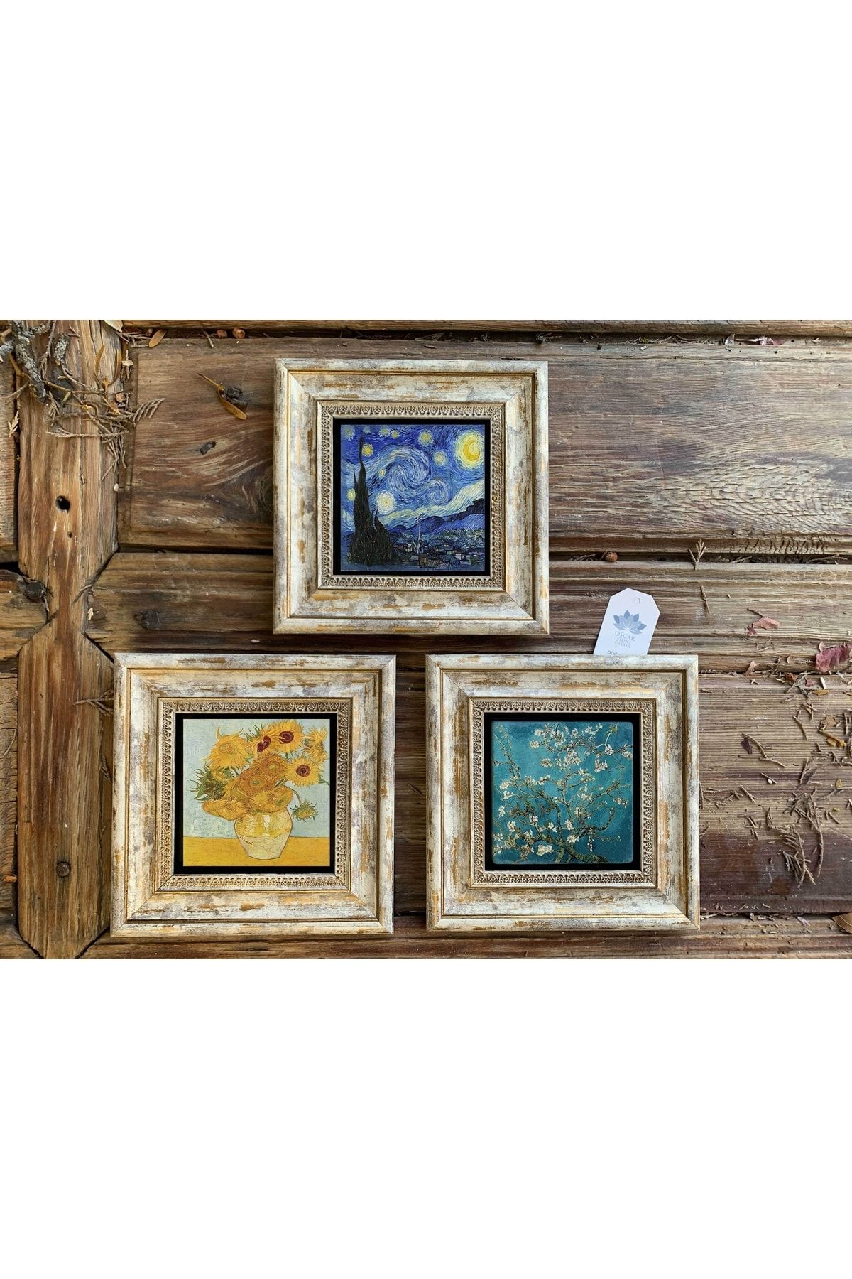 Oscar Stone Decor Çerçeveli Taş Duvar Dekoru Tablo 3'lü Set 20x20cm Vincent Van Gogh Sunflowers