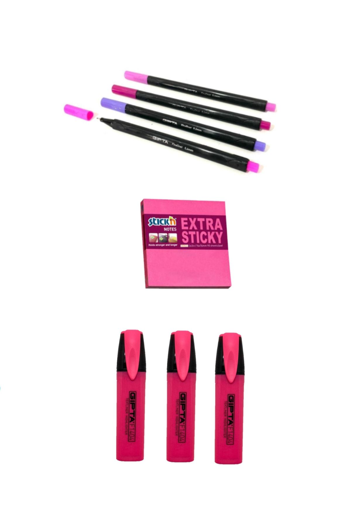 Gıpta Pembe Tonları Fineliner + Extra Yapışkanlı Stıck'n + Fosforlu Kalem Set