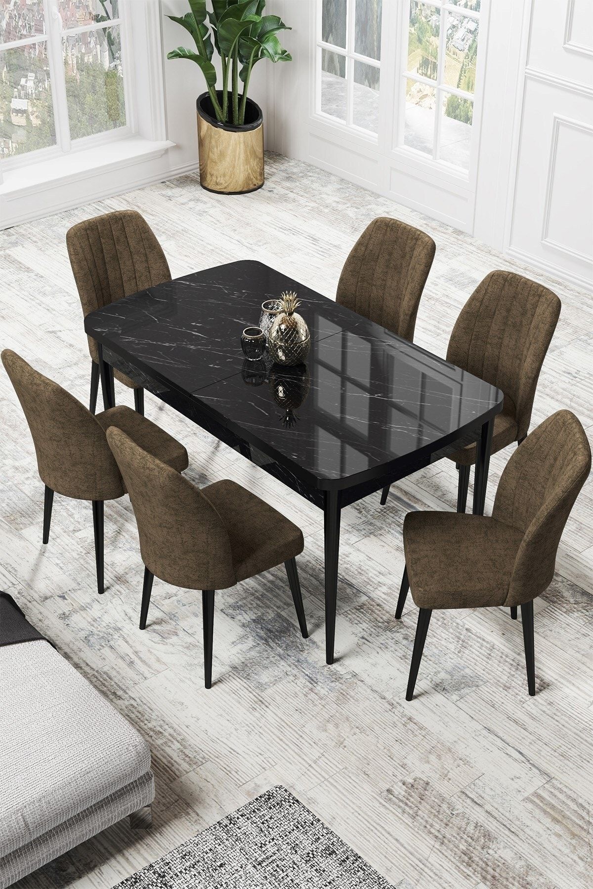 Canisa Par Serisi 70x114, Açılabilir Mdf Mutfak Masası Siyah Mermer Desen Masa Ve 6 Kahve Sandalye Takımı