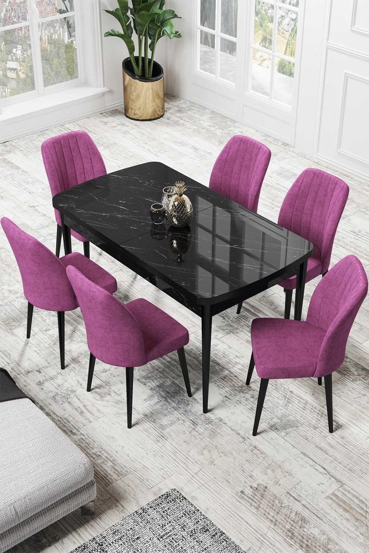Canisa Par Serisi 70x114, Açılabilir Mdf Mutfak Masası Siyah Mermer Desen Masa Ve 6 Mor Sandalye Takımı