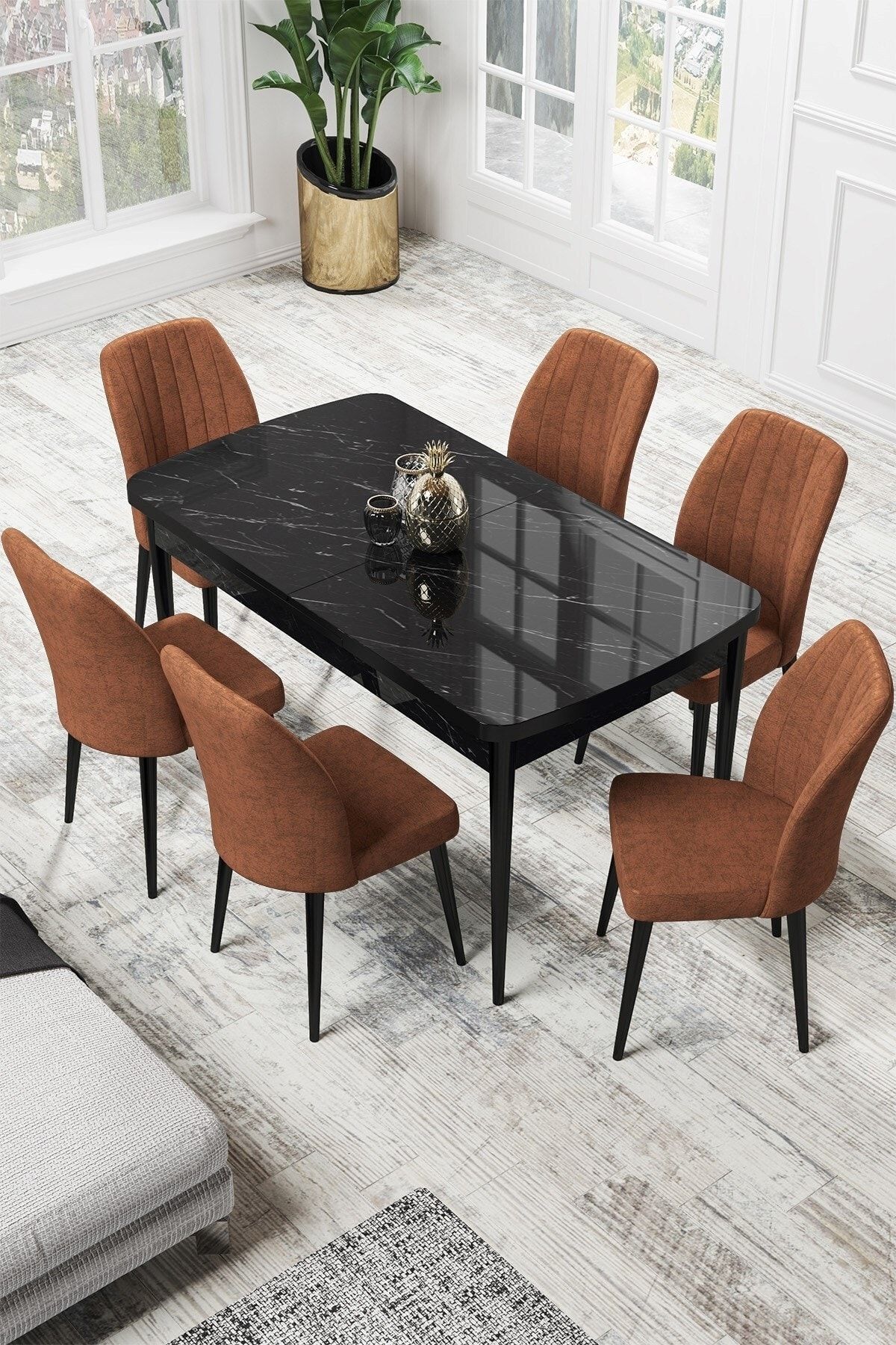 Canisa Par Serisi 70x114, Açılabilir Mdf Mutfak Masası Siyah Mermer Desen Masa Ve 6 Kiremit Sandalye Takımı