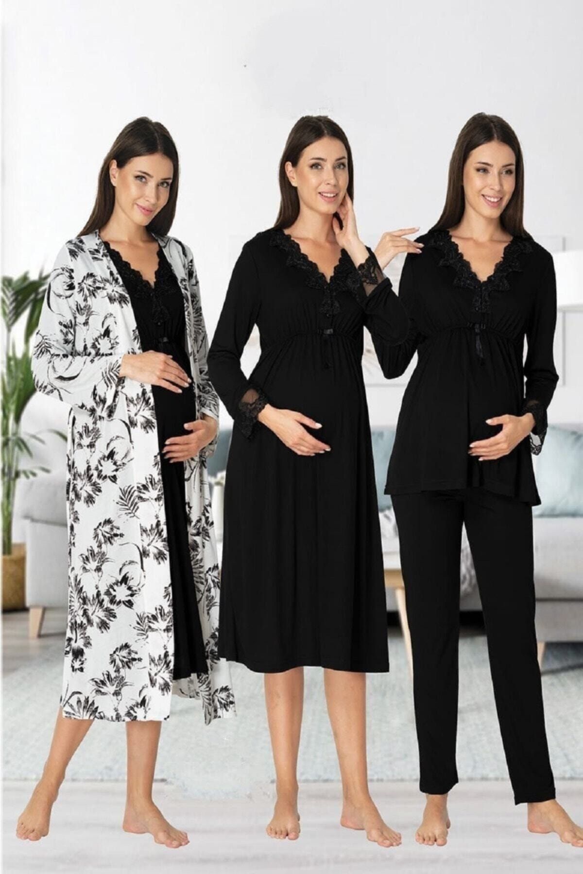 Effort Pijama Zerre Bebe Kadın Siyah Uzun Kollu Pijama Takımı Gecelik Sabahlık Lohusa Hamile 4'lü Set