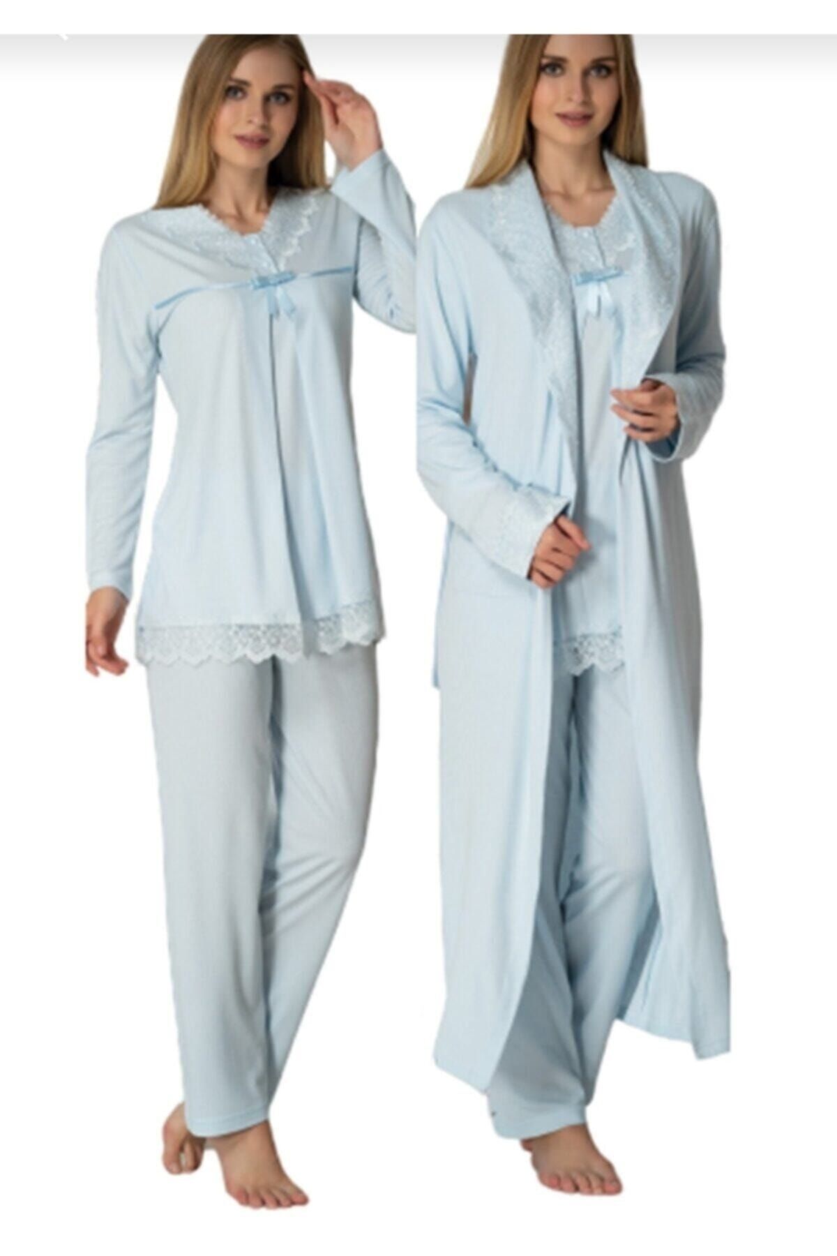 Effortt Kadın Mavi Lohusa Pijama Takımı ve Sabahlık