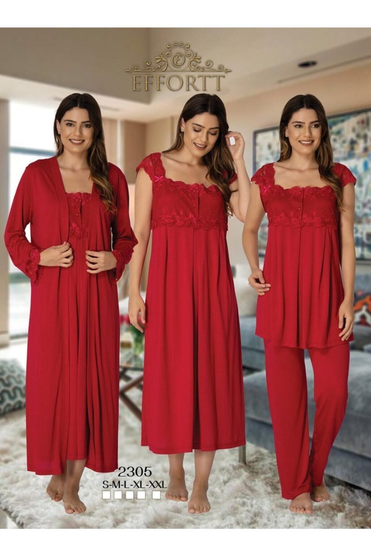 Genel Markalar Kadın Kırmızı Hamile Lohusa Gecelik Sabahlık Pijama Takımı 4'lü Set