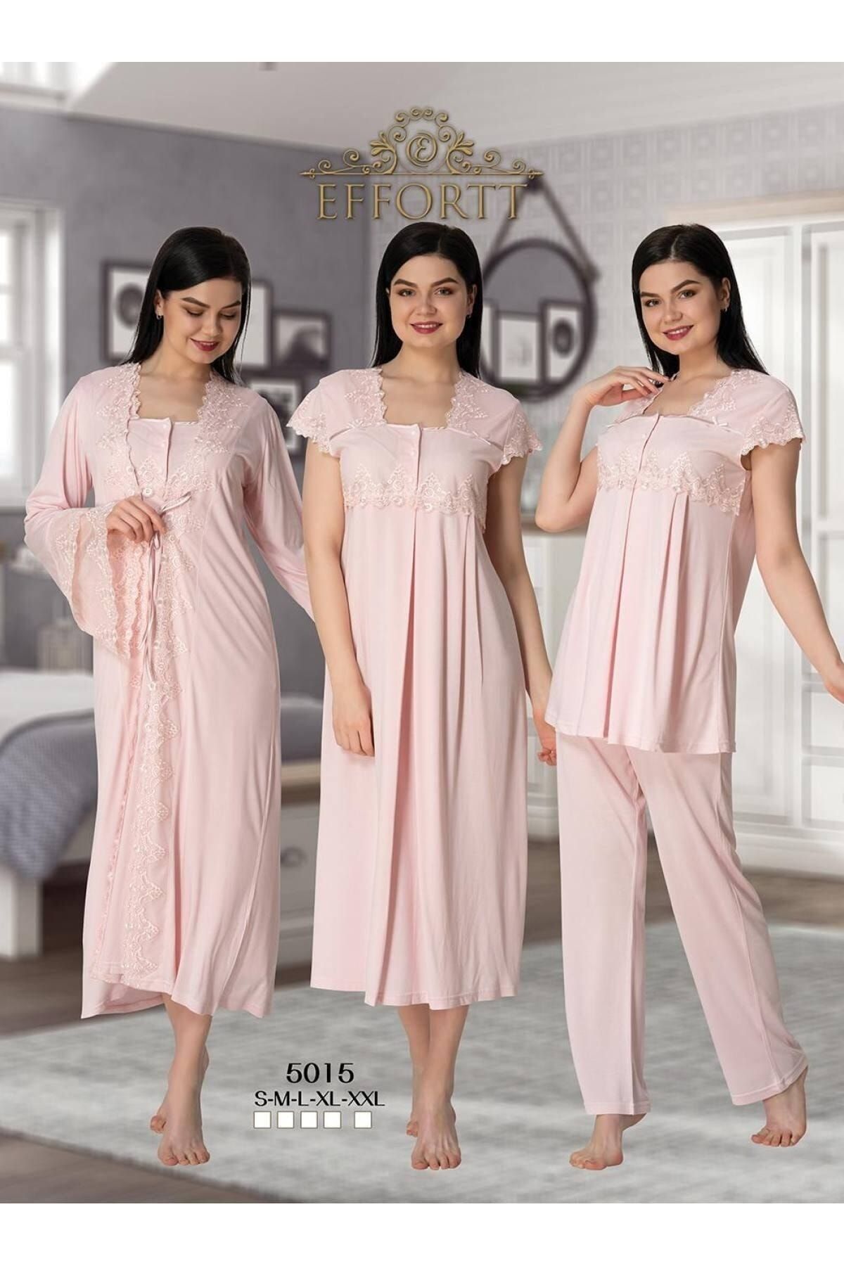 Effortt Kadın Pudra Hamile Lohusa Gecelik Sabahlık Pijama Takımı 4'lü Set