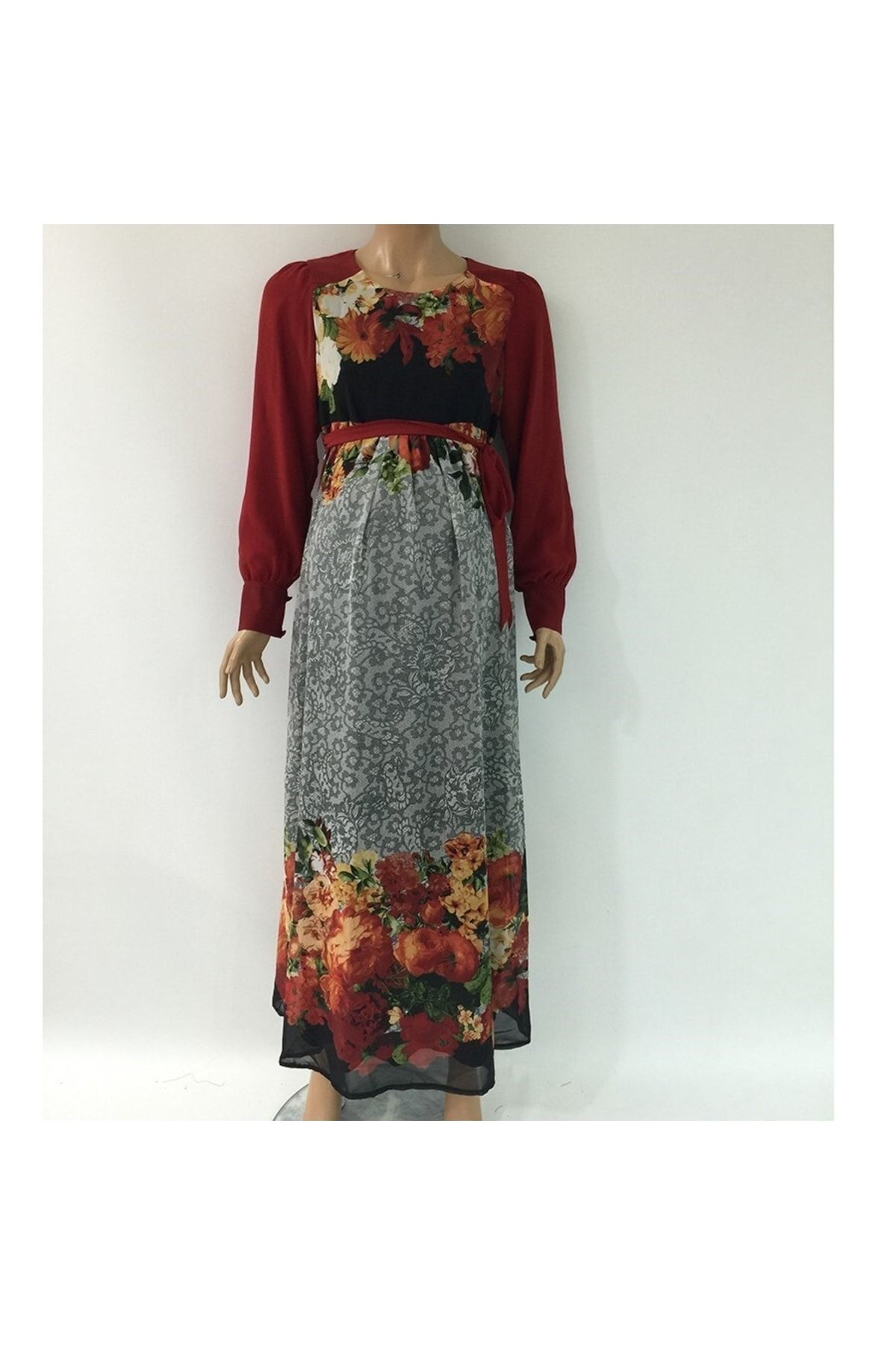 Entarim Hamile Giyim Çiçek Desen Şifon Uzun Elbise