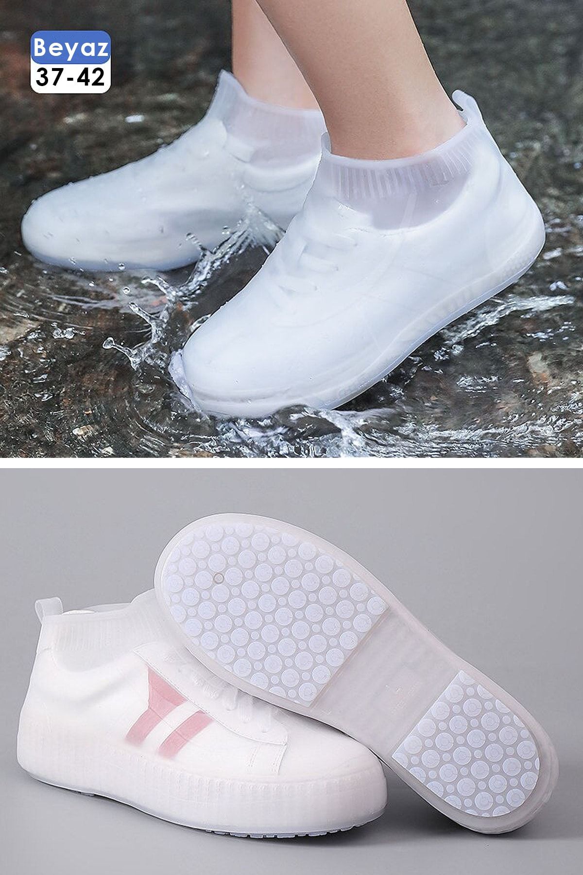 TechnoSmart Beyaz - Ultra Esnek Silikon Yağmur Koruyucu Ayakkabı Kılıfı Taban Takviye Kaymaz Su Kir Geçirmez