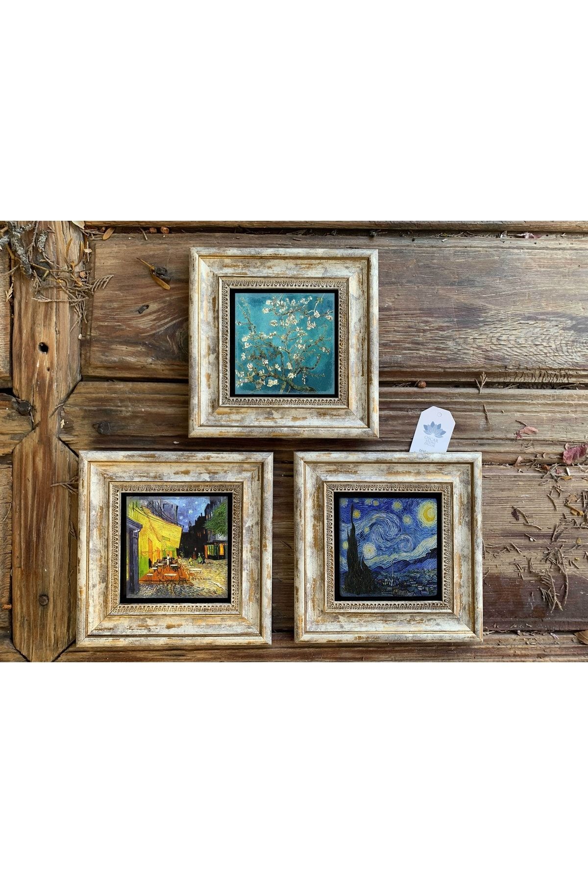 Genel Markalar Çerçeveli Taş Duvar Dekoru Tablo 3'lü Set 20x20cm Vincent Van Gogh Yıldızlı Gece