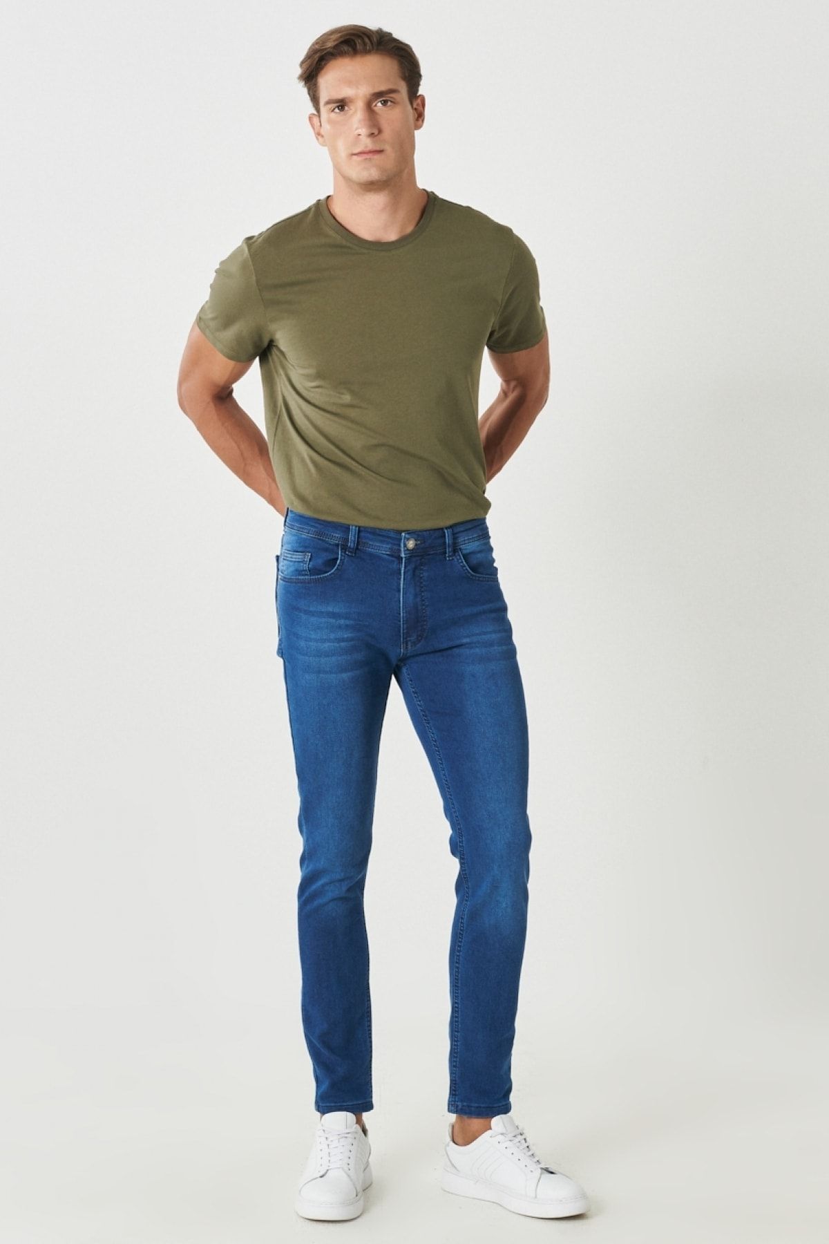 AC&Co / Altınyıldız Classics Erkek Mavi Ekstra Slim Fit Dar Kesim Esnek Rııs Denim Pantolon