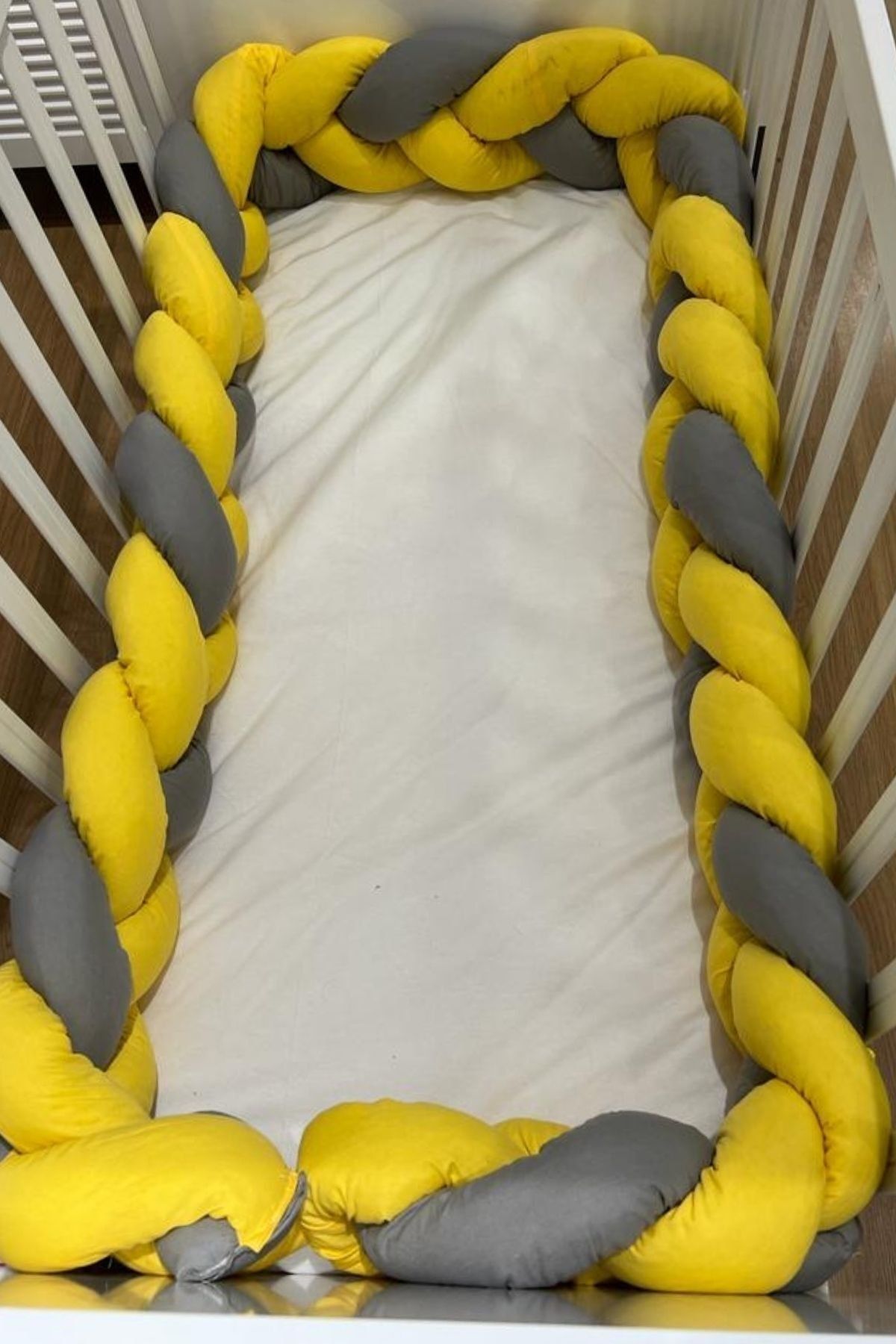 ilknur bebe Sarı&gri Üçlü Sarım Örgülü Bebek Beşik Kenar Korumalık 60x120 Beşikler Için Uygun