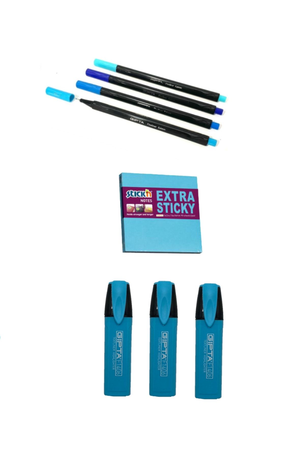 Gıpta Mavi Tonları Fineliner + Extra Yapışkanlı Stıck'n + Fosforlu Kalem Set