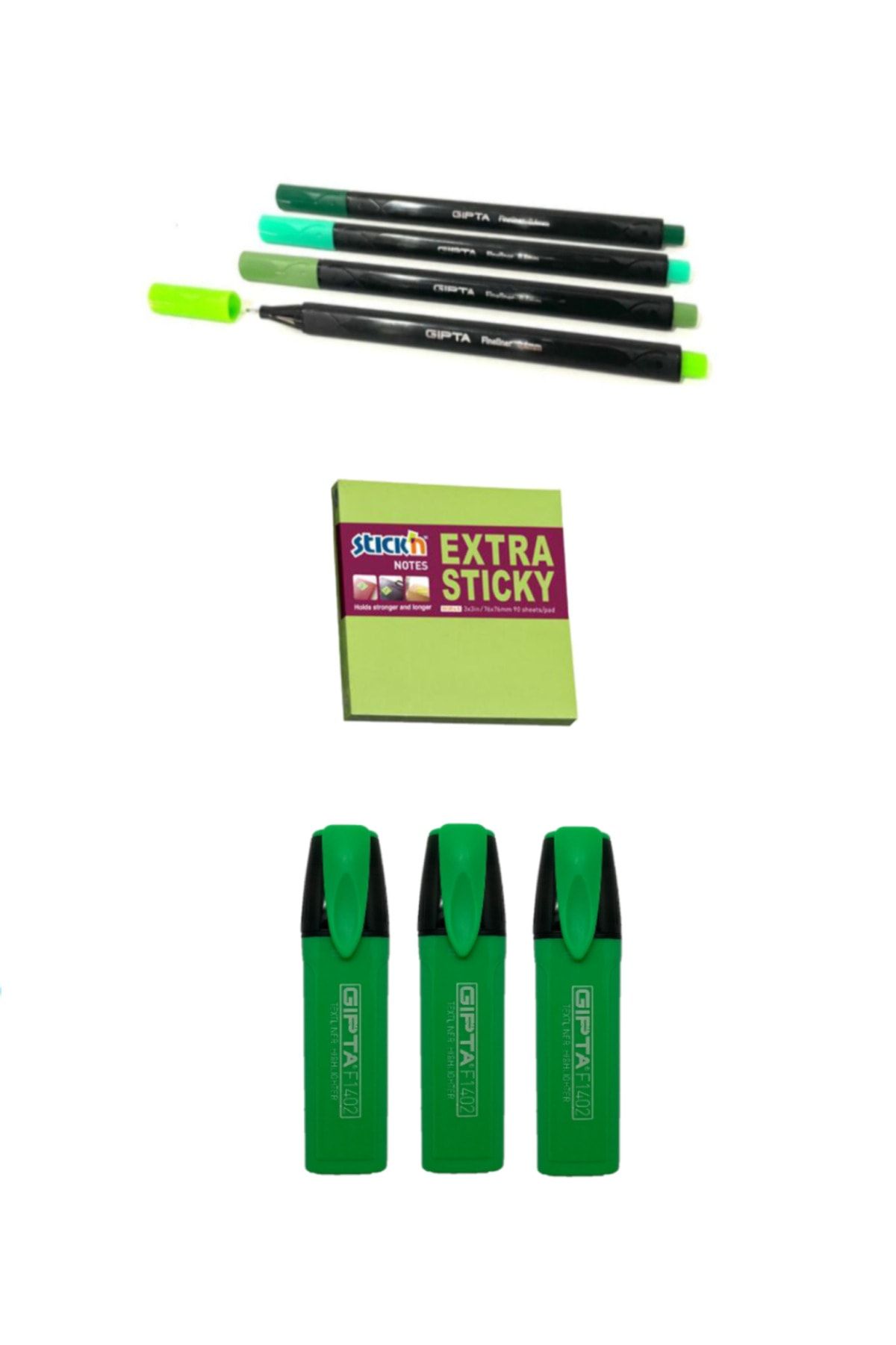 Gıpta Yeşil Tonları Fineliner + Extra Yapışkanlı Stıck'n + Fosforlu Kalem Set